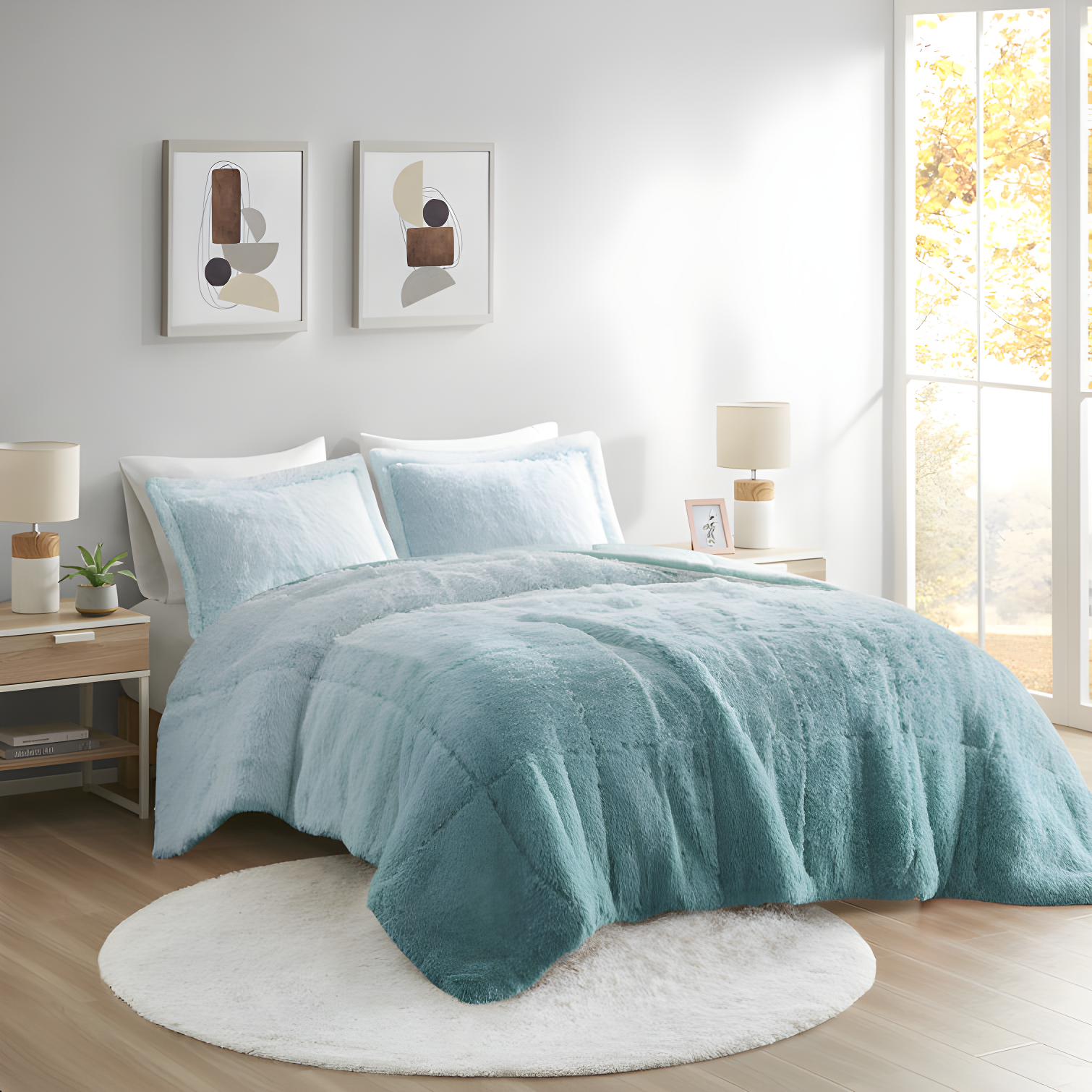 Aqua Ombre Twin Shaggy Faux Fur Comforter Set