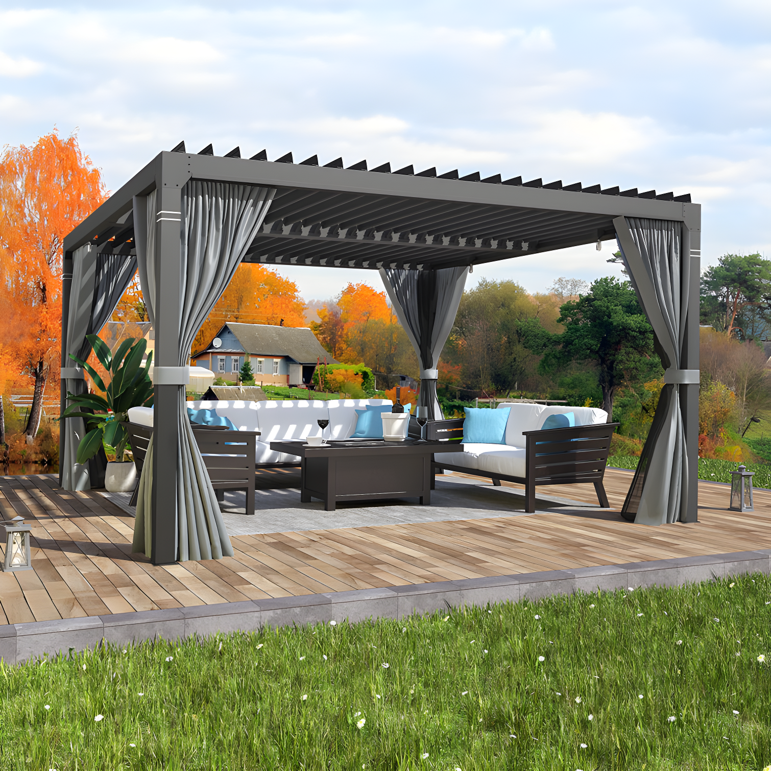 10' x 10' Black Aluminum and Steel Louvered Pergola with Curtains