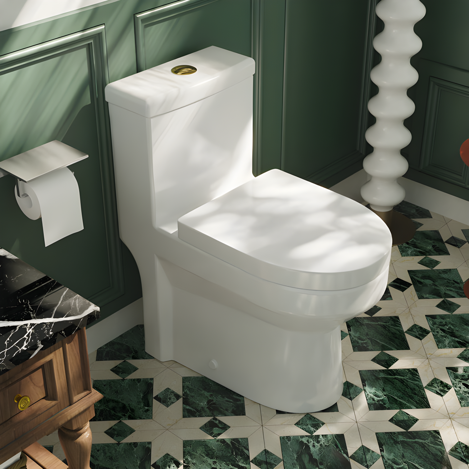 Liberty White and Gold Compact Dual Flush Toilet with Skirted Design