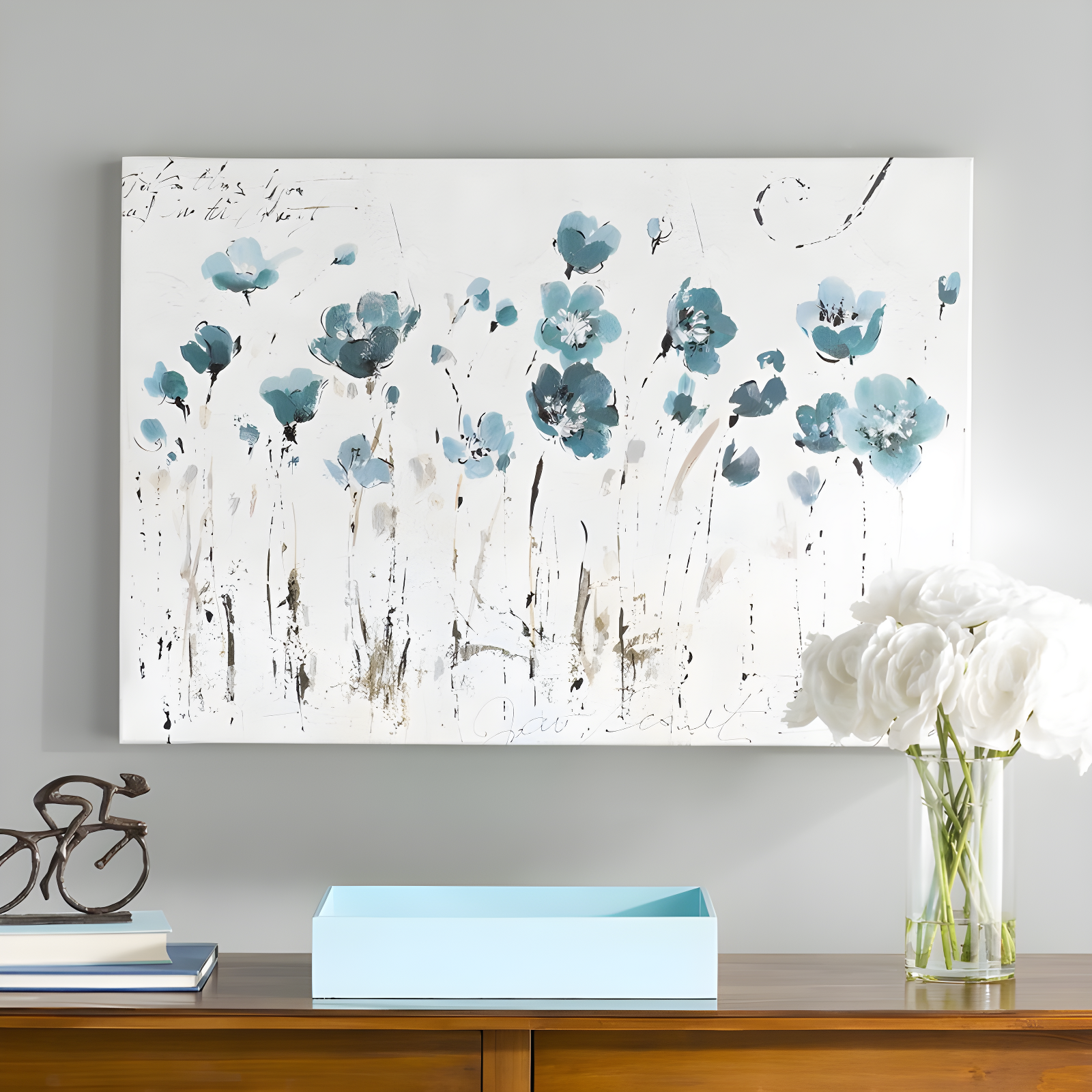 Abstract Blue Floral Canvas Art with White Background, 22" x 32"