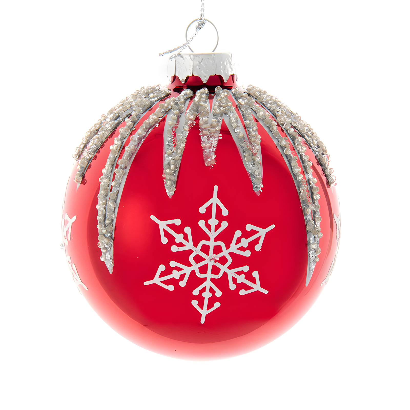 Red and Silver Glass Snowflake Ball Ornaments, Set of 6