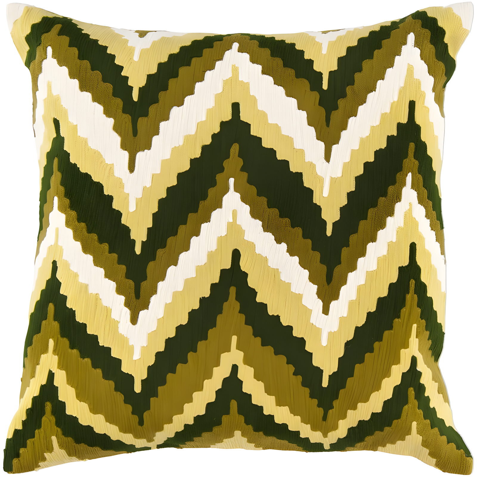 22" Square Olive and White Cotton Ikat Embroidered Pillow