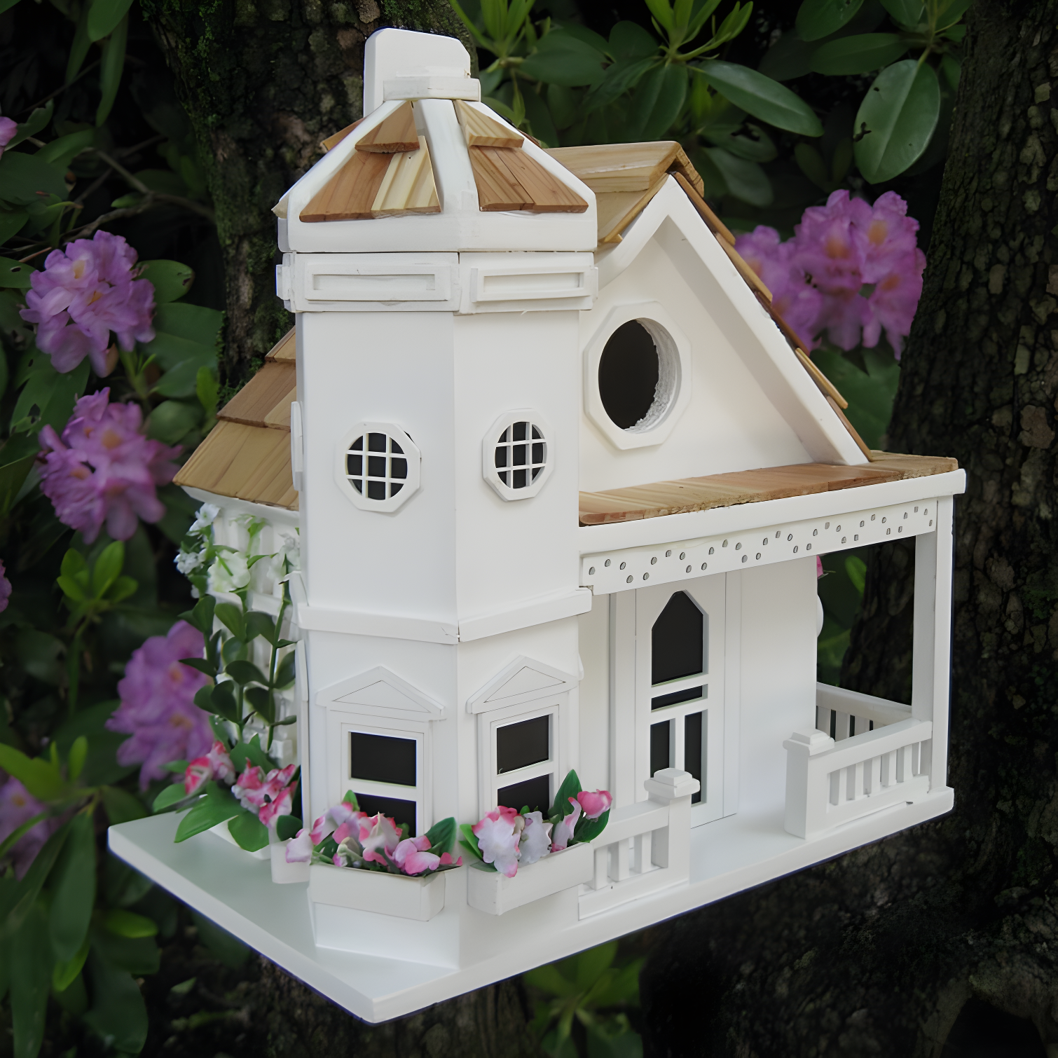 White Flower Pot Cottage Birdhouse with Poly-Resin Details