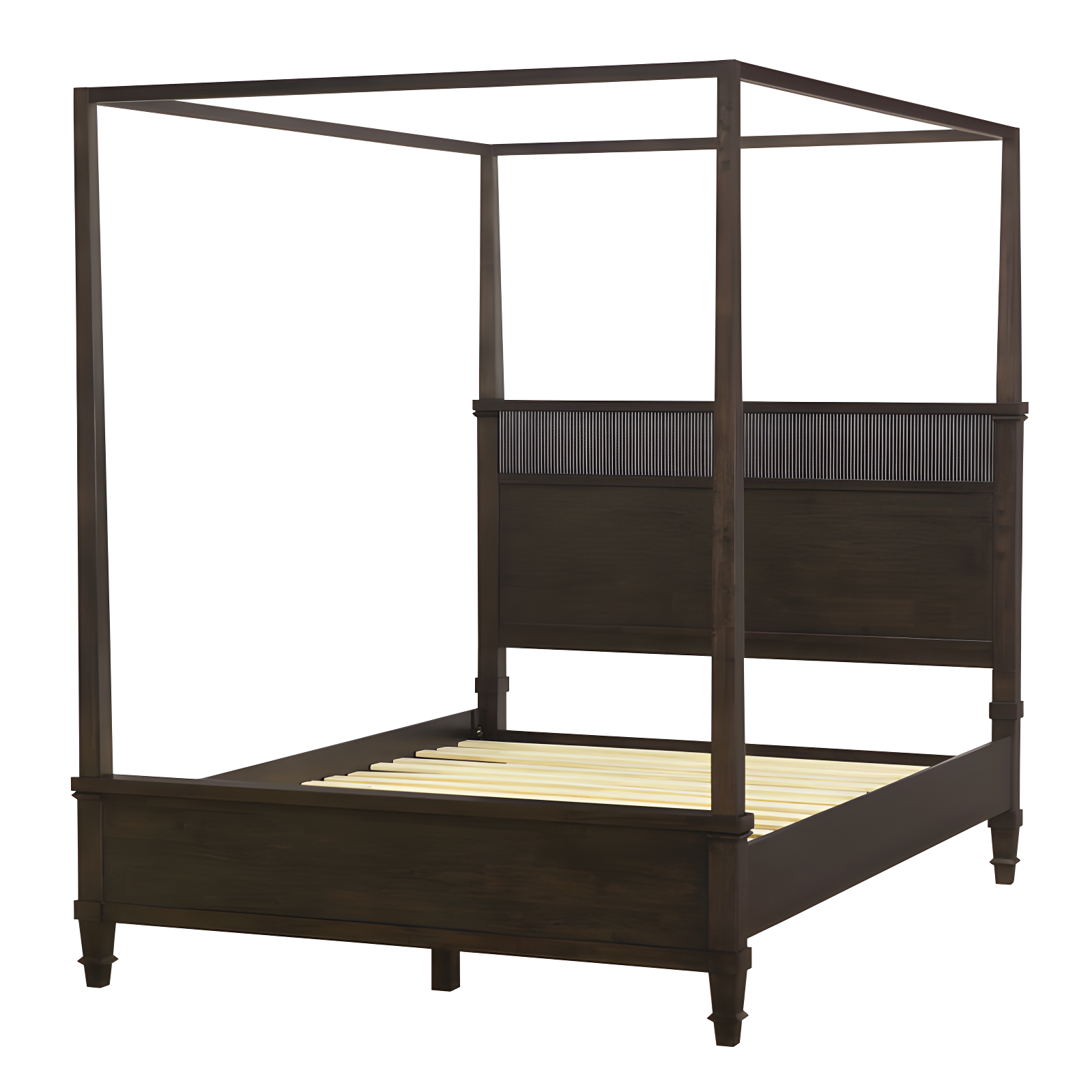 Dark Brown Queen Wood Canopy Bed with Headboard and Slats