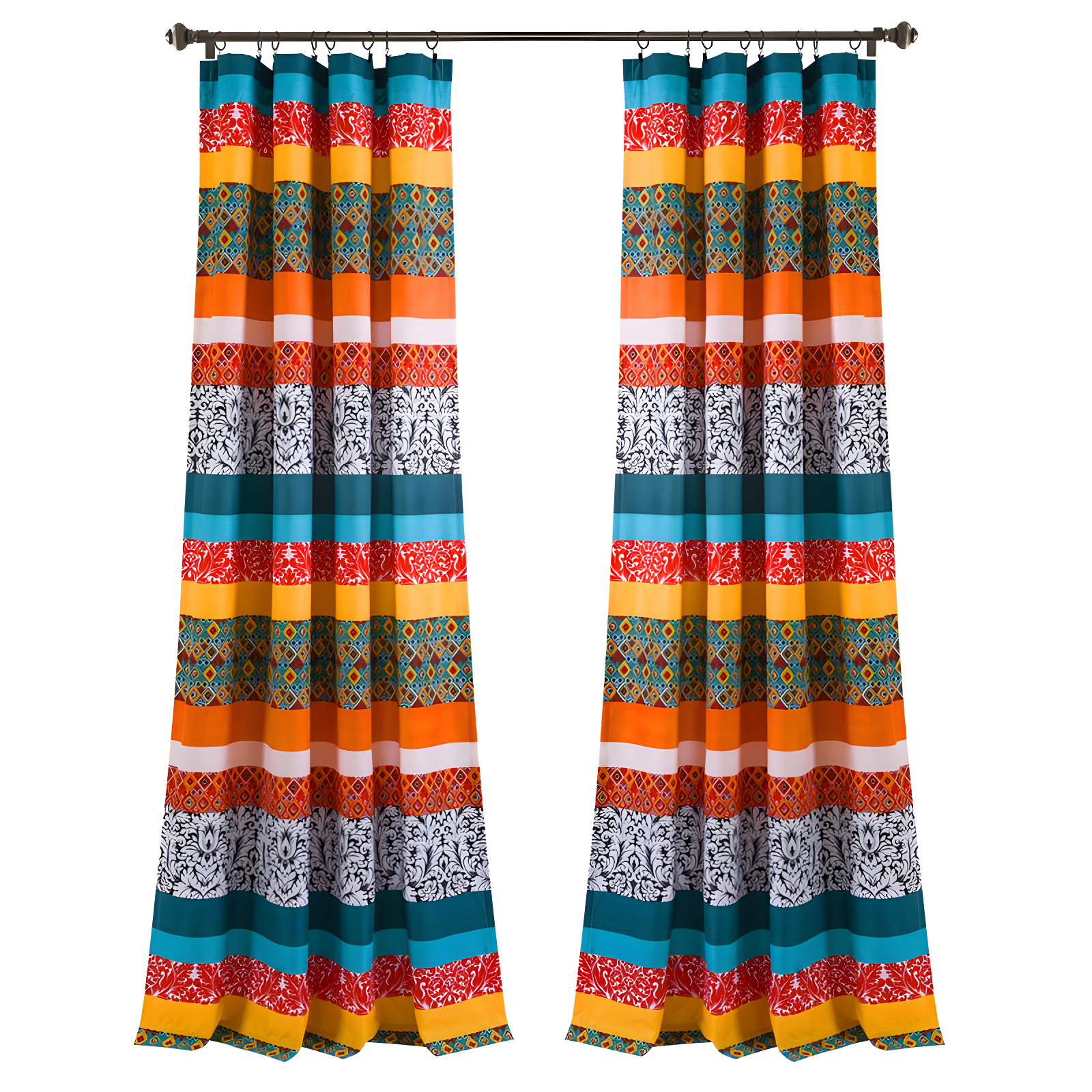 Boho Stripe Turquoise and Tangerine Polyester Curtain Panels