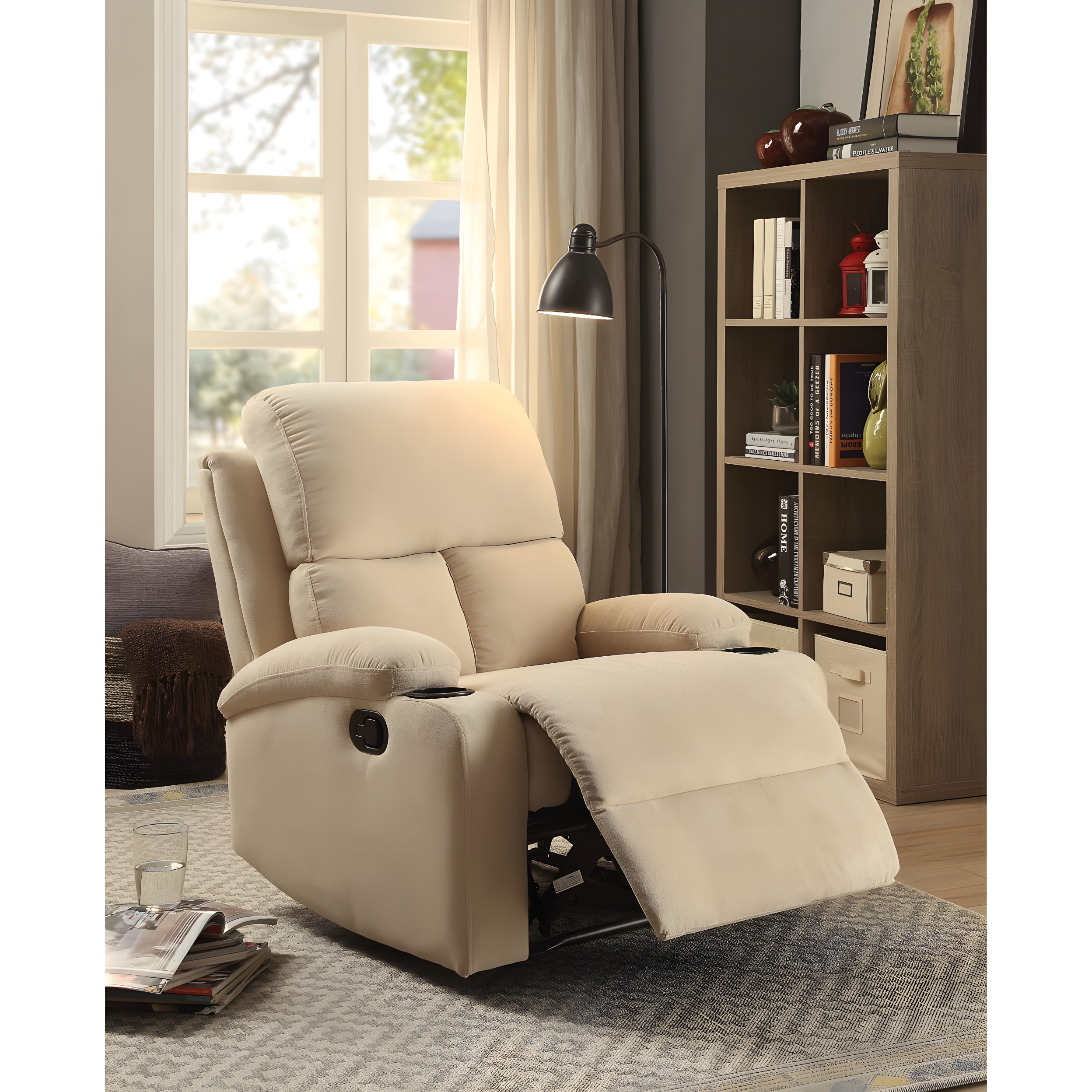 Beige Velvet Wood Comfort Recliner with Smooth Upholstery