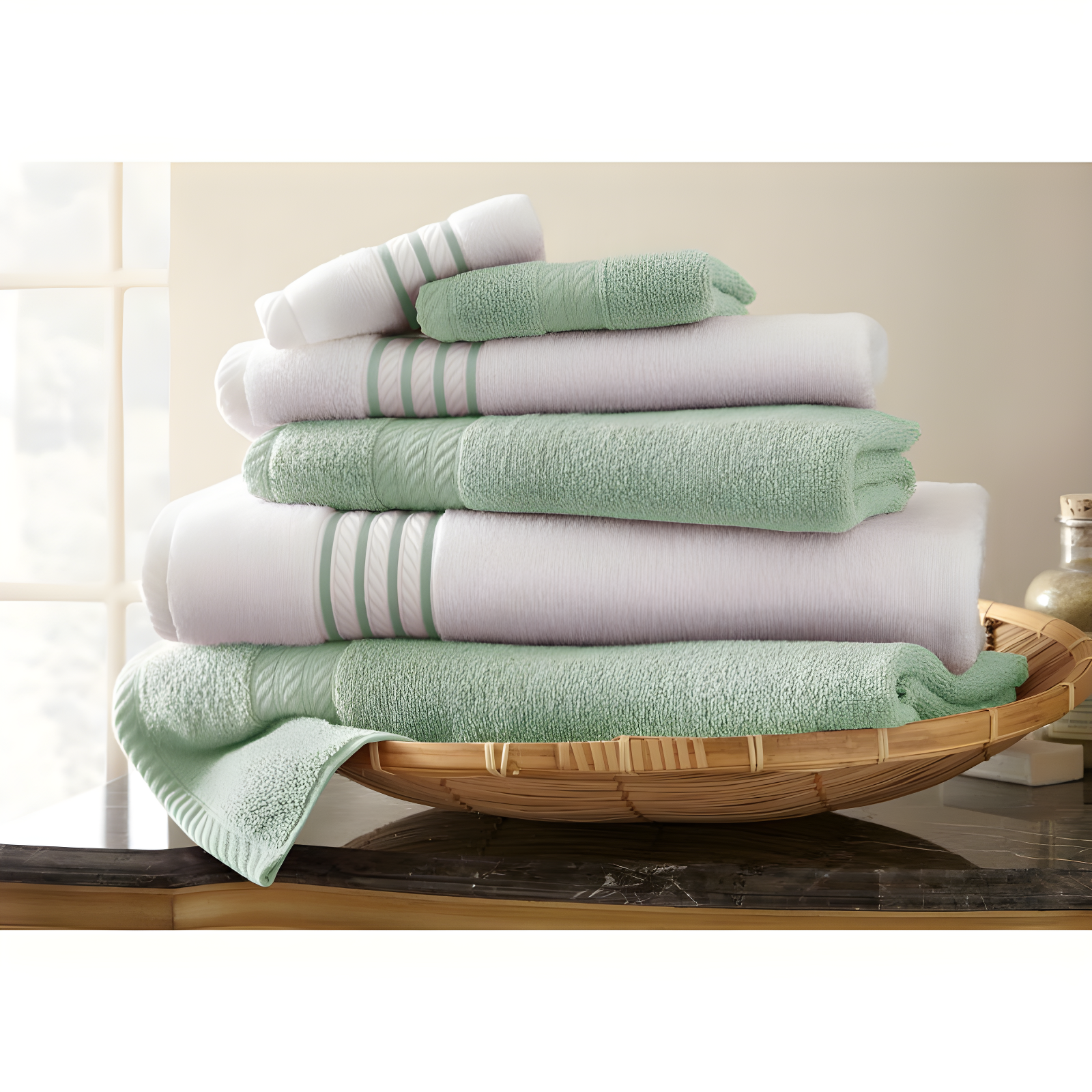 Soft Jade and White Egyptian Cotton 6-Piece Towel Set