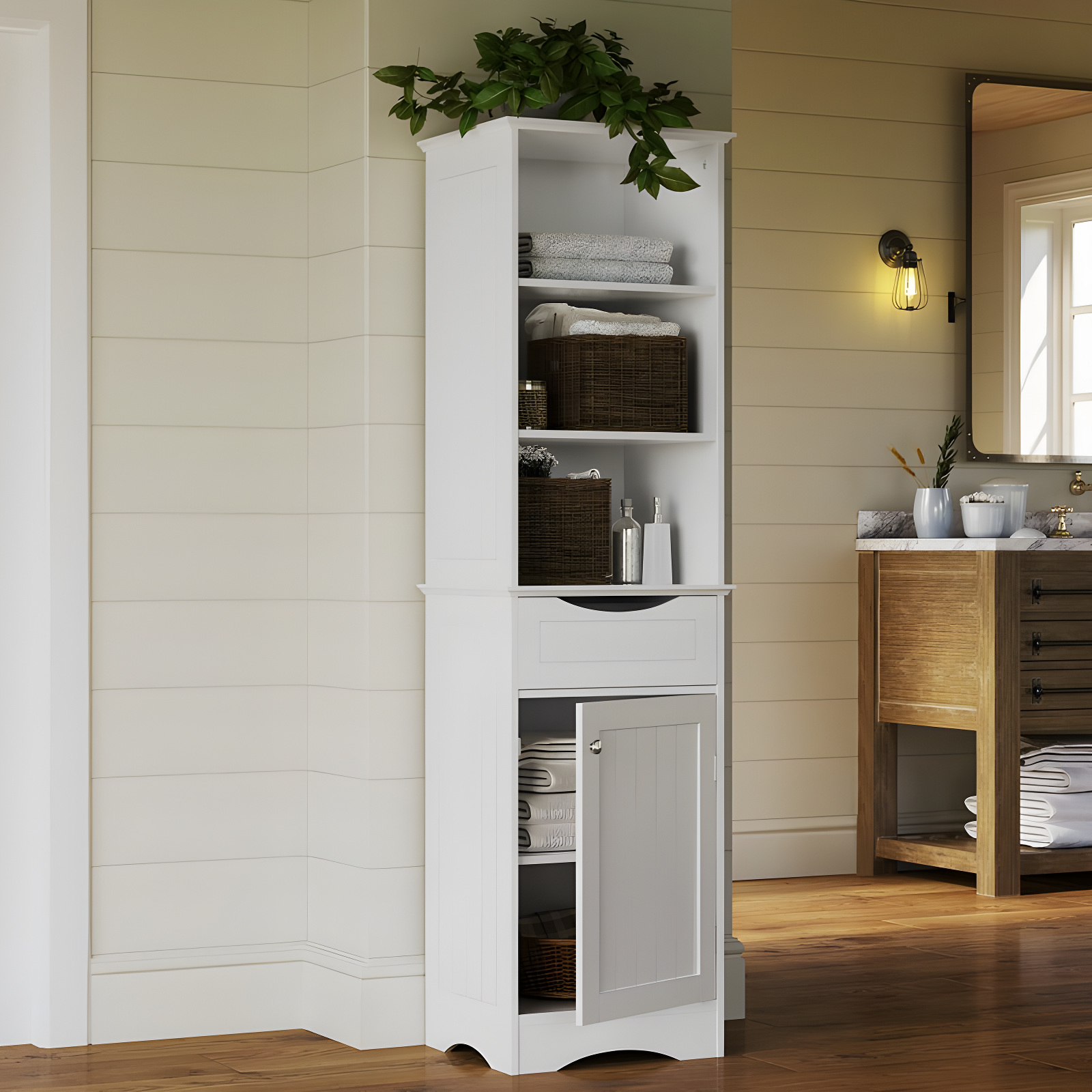 White Tall Storage Cabinet with Adjustable Shelving