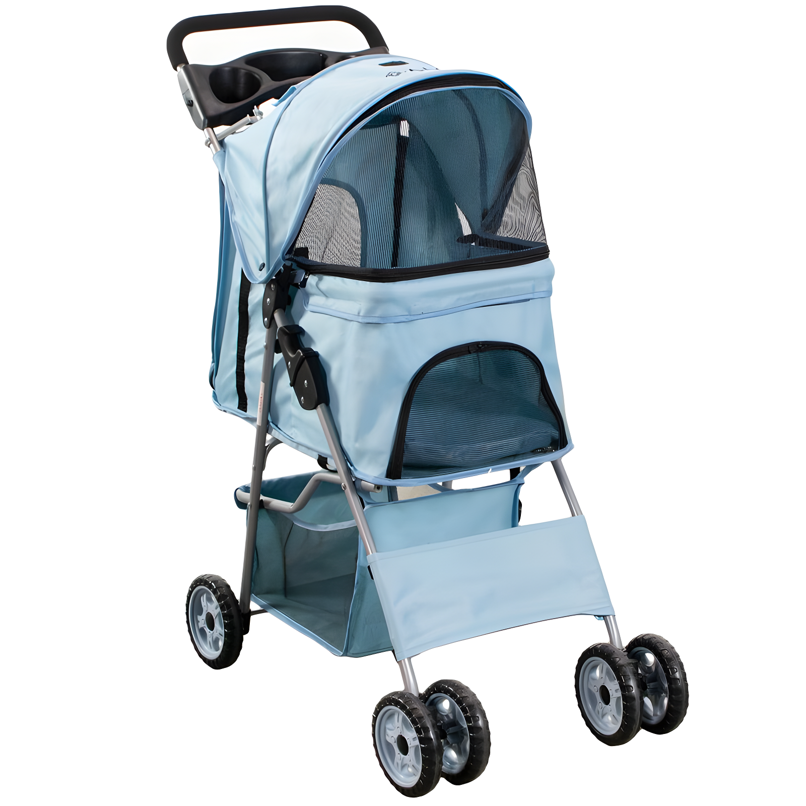 Blue Foldable Four-Wheel Pet Stroller with Mesh Windows