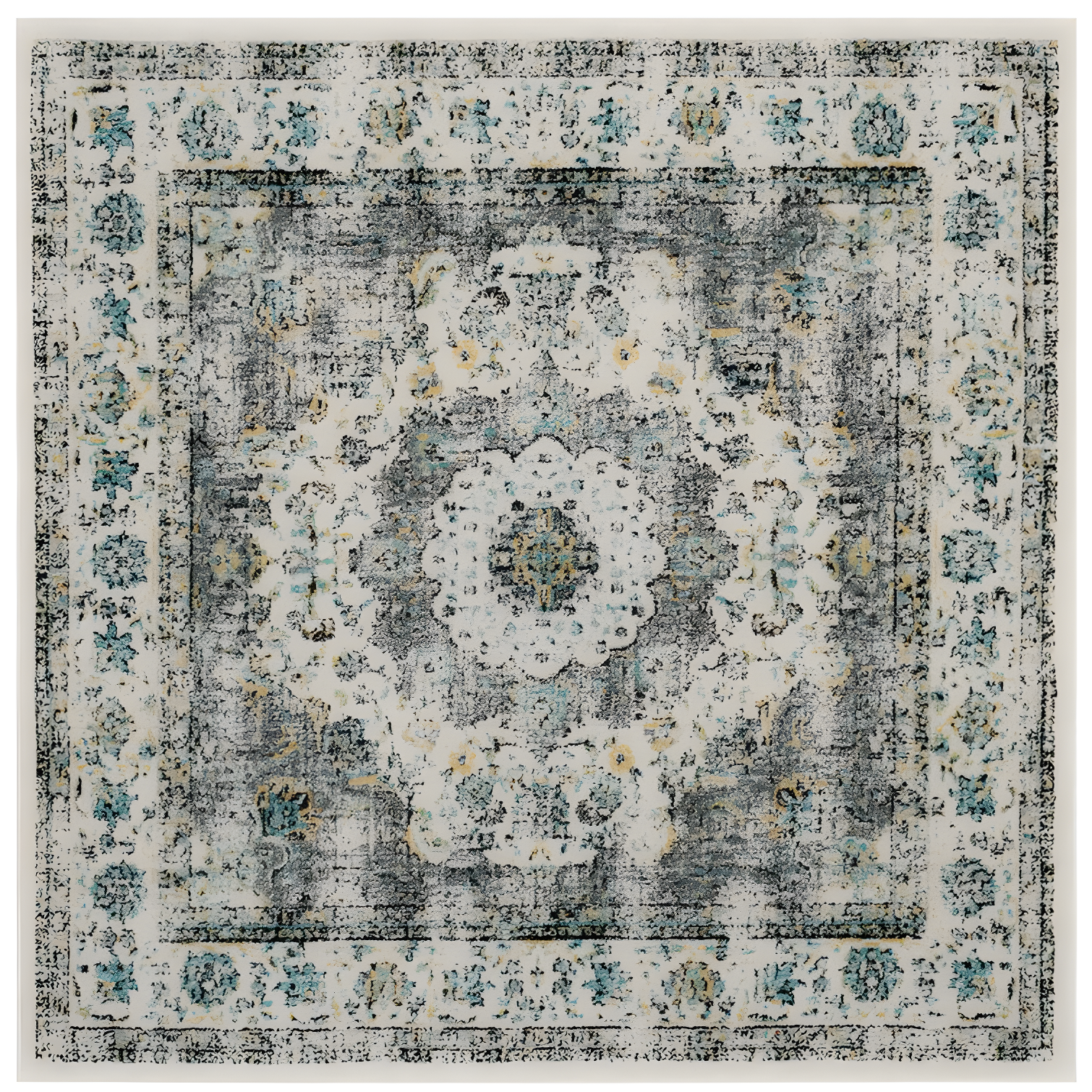 Evoke Grey and Gold Floral Square Area Rug