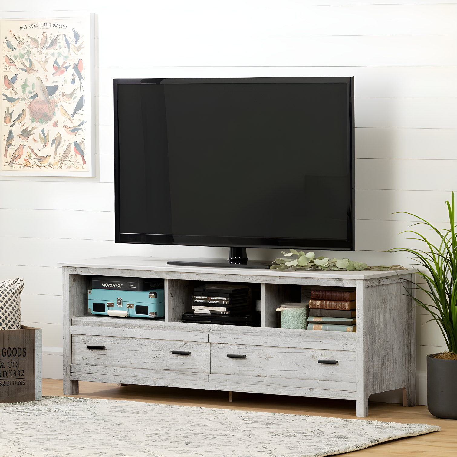 Seaside Pine 60" TV Stand with Cabinet and Drawers