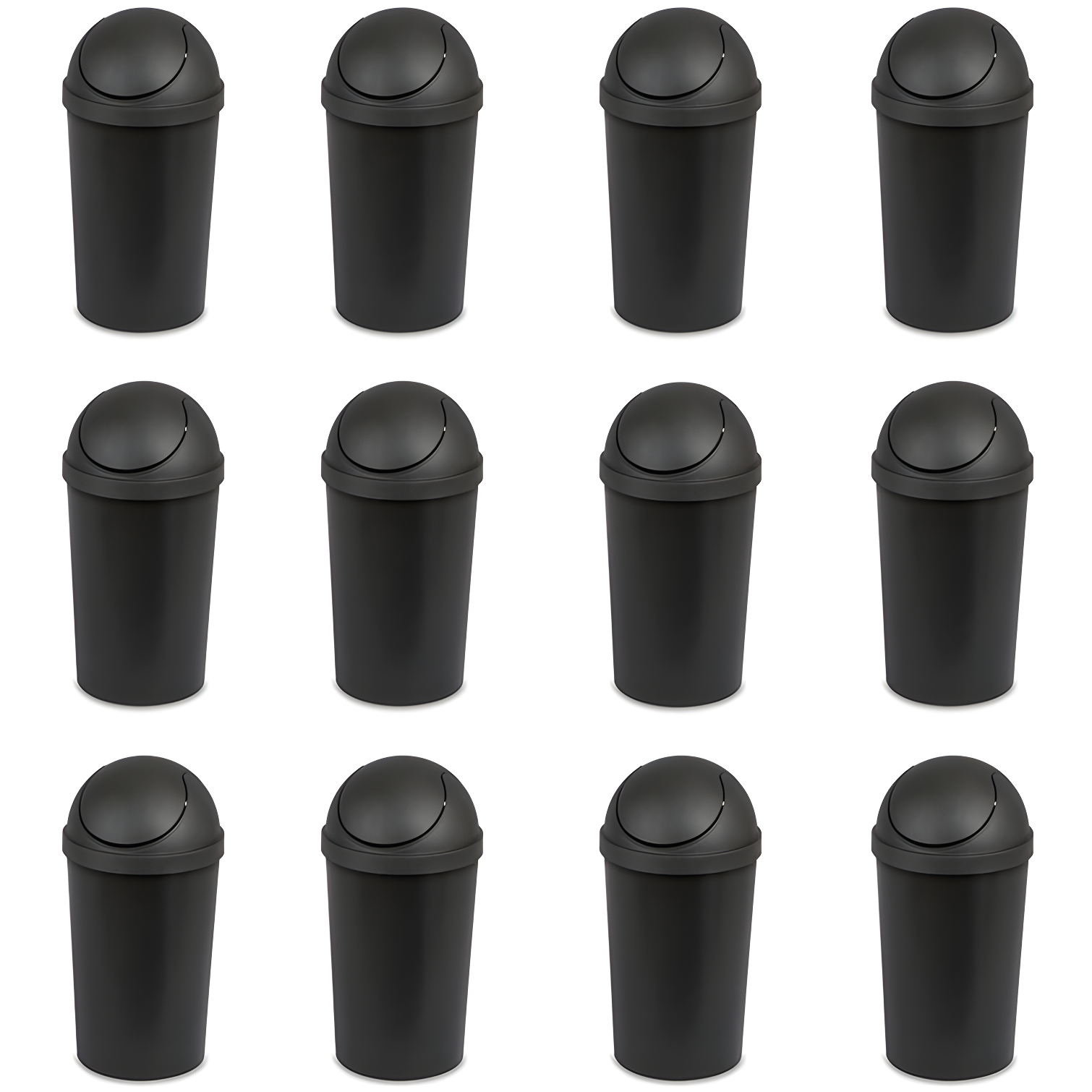 Black 3-Gallon Round Swing-Top Plastic Wastebasket, 12 Pack