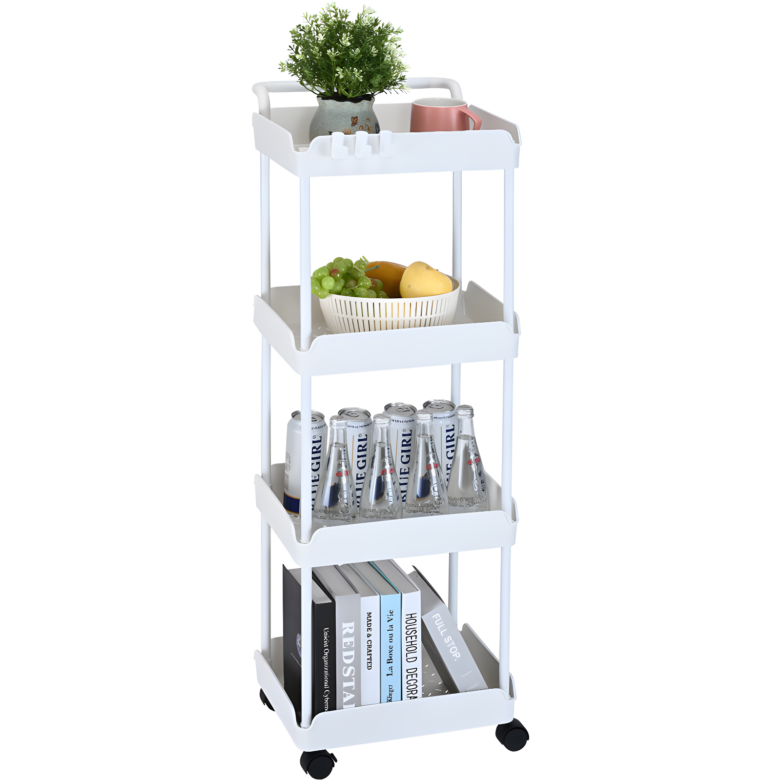 White 4-Tier Rolling Utility Cart with Lockable Wheels