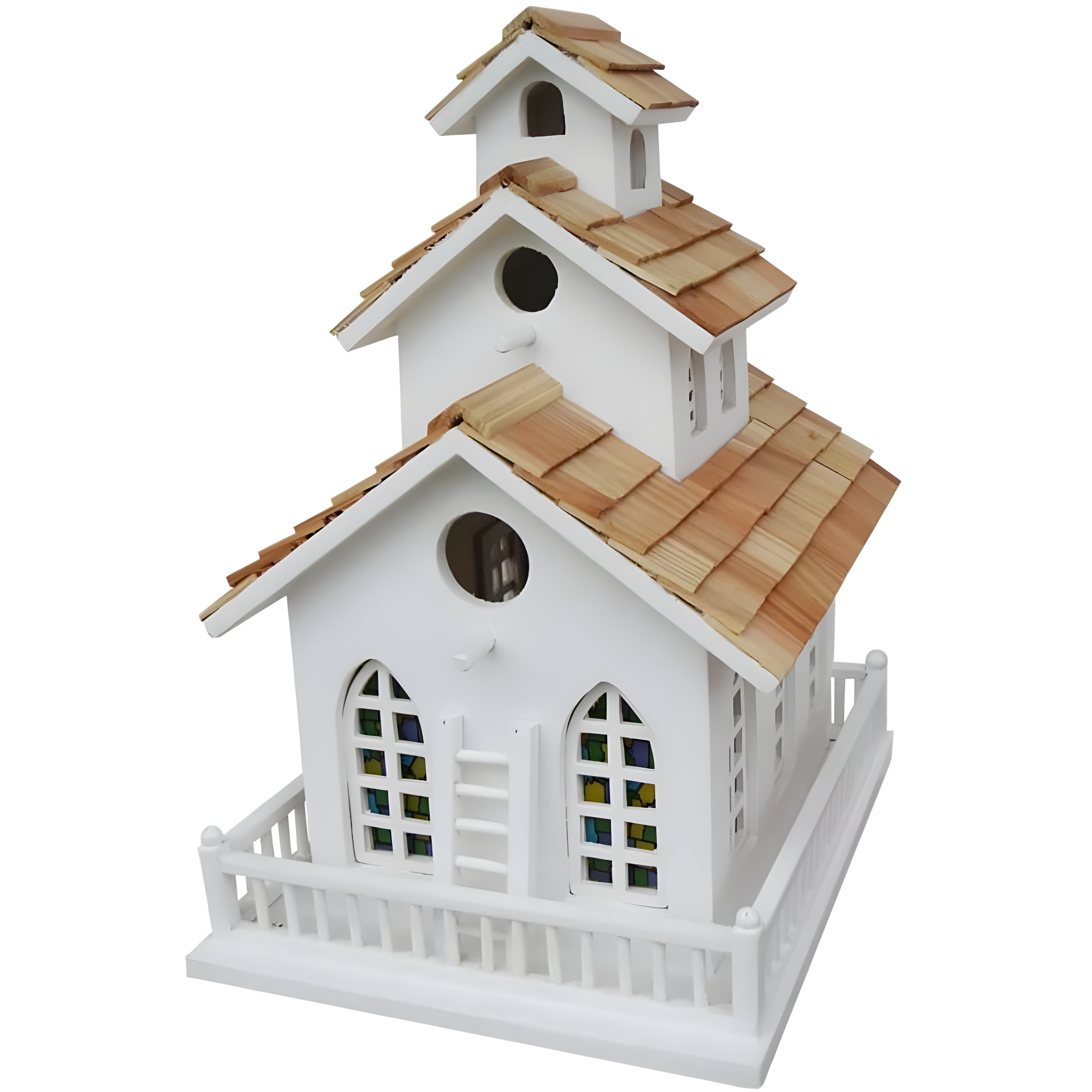 White Pine Shingled Chapel Bell Birdhouse with Stained Glass Windows