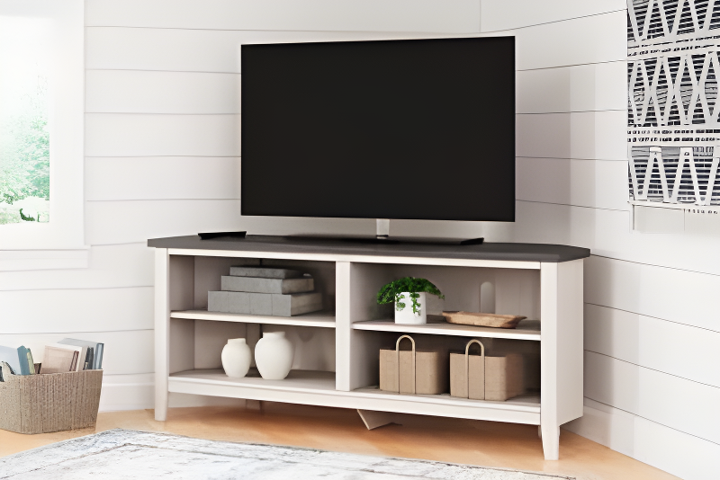 Transitional Two-Tone Corner TV Stand with Shelves and Fireplace