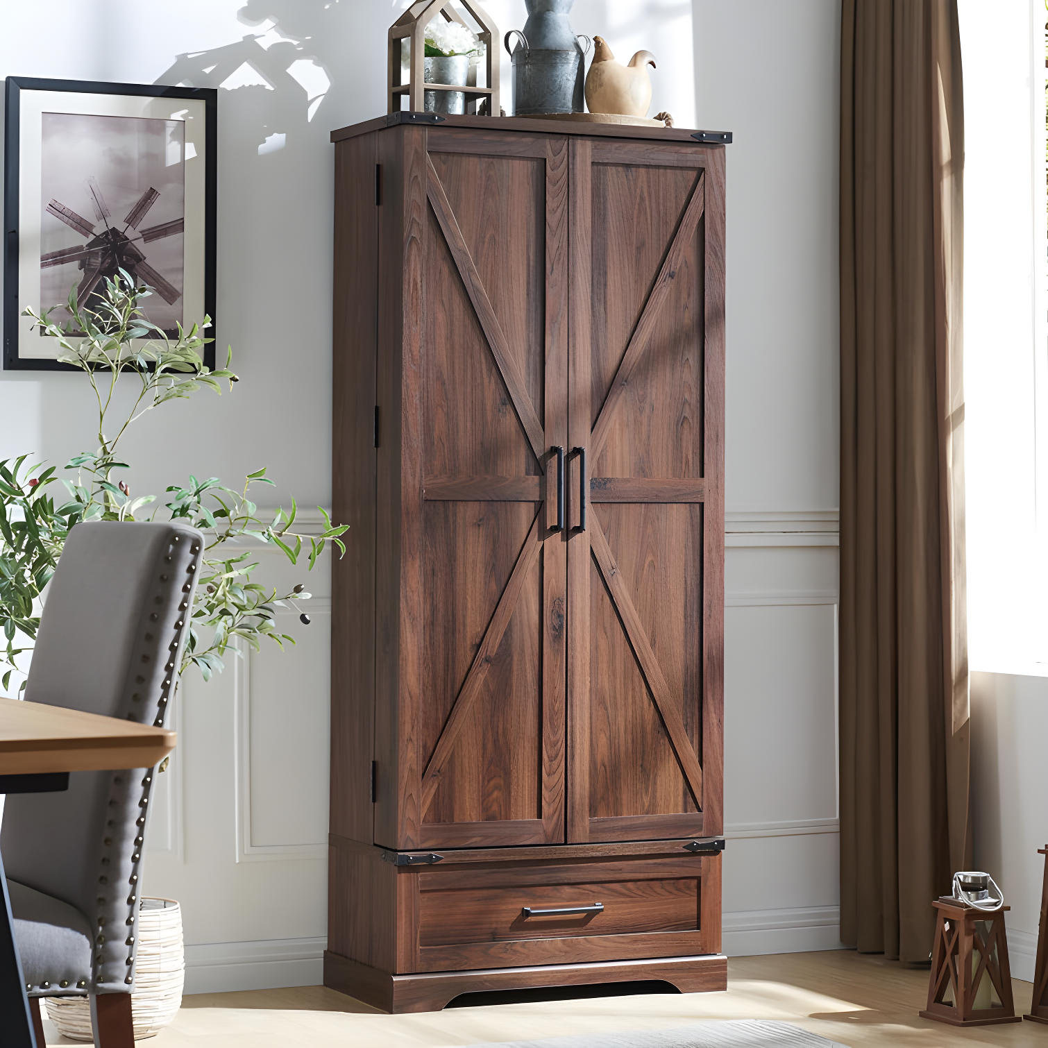 Rustic Brown Tall Farmhouse Pantry Cabinet with Adjustable Shelves