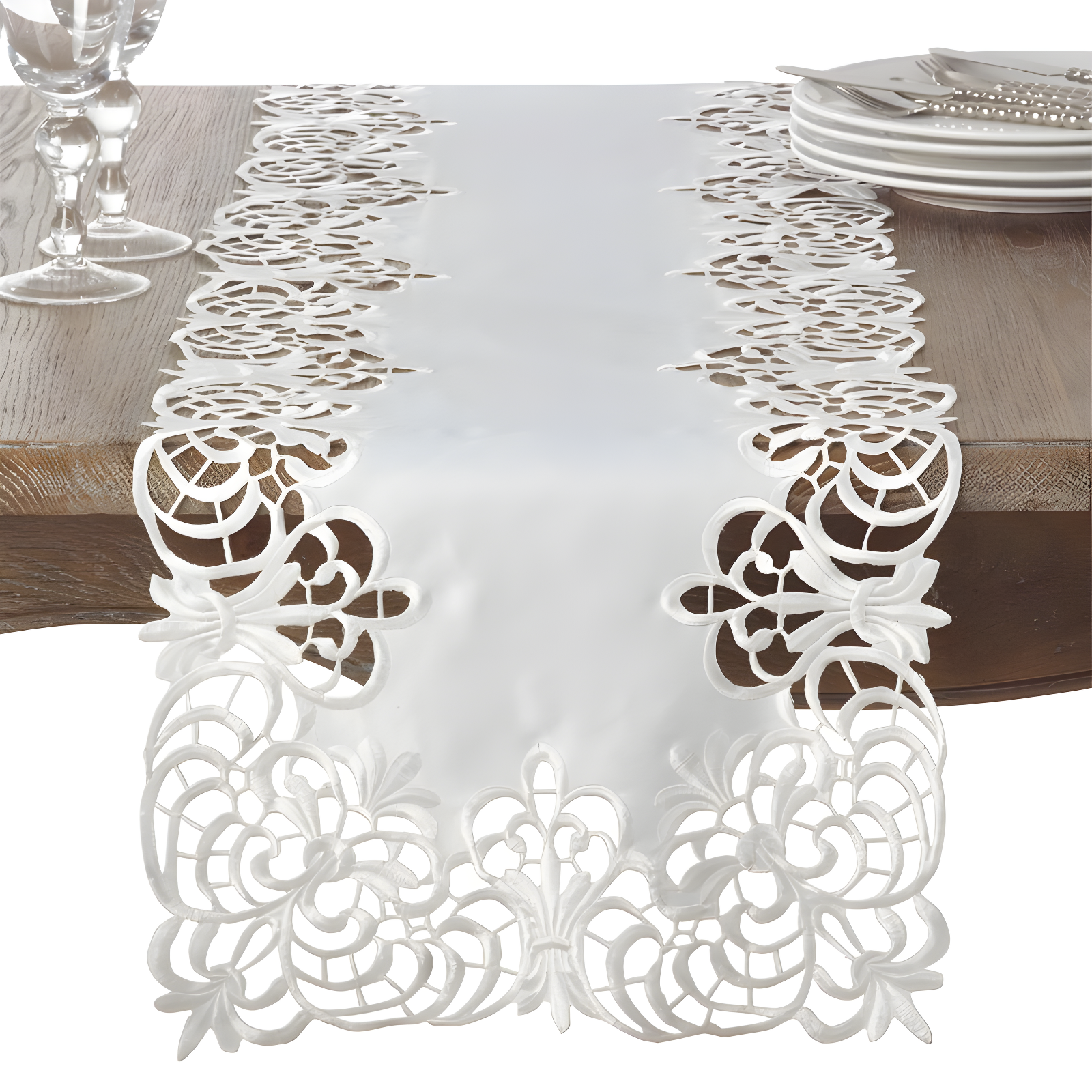 Elegant White Floral Cutwork Polyester Table Runner