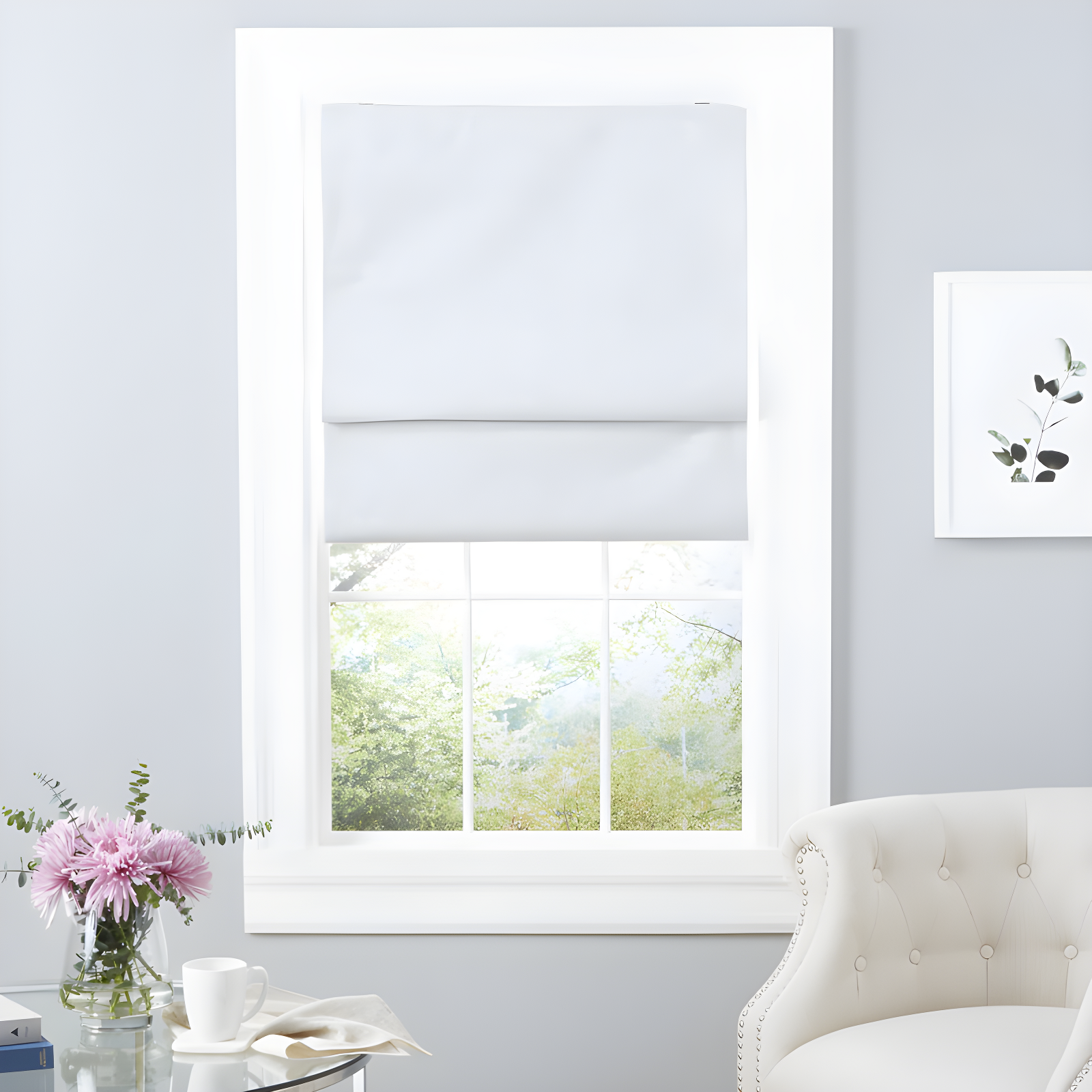 White Cordless Total Blackout Roman Shade with Jacquard Leaf Pattern