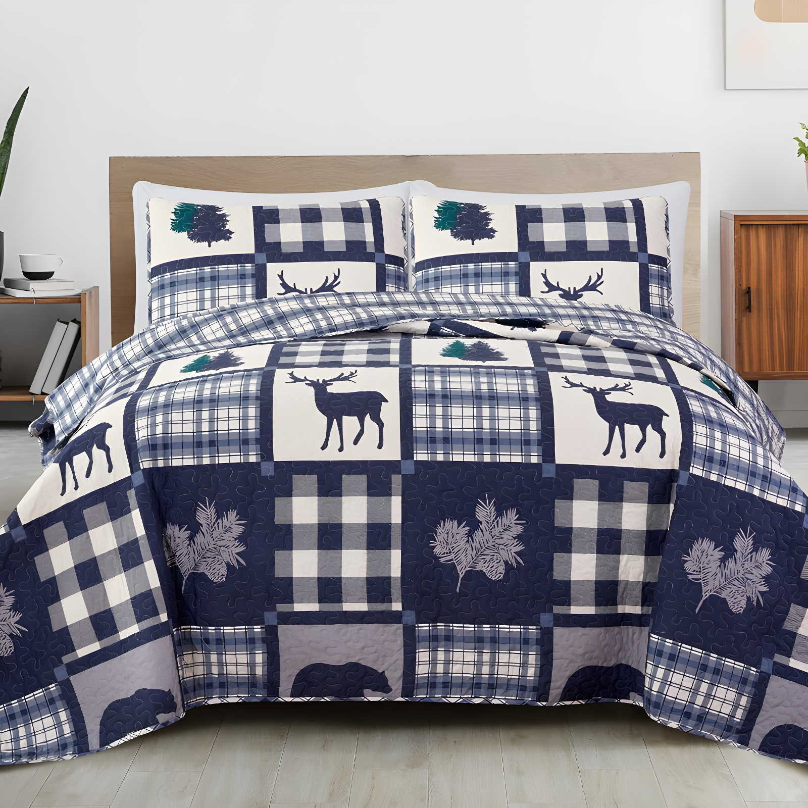 Navy and Grey Rustic Lodge Reversible Full Quilt Set