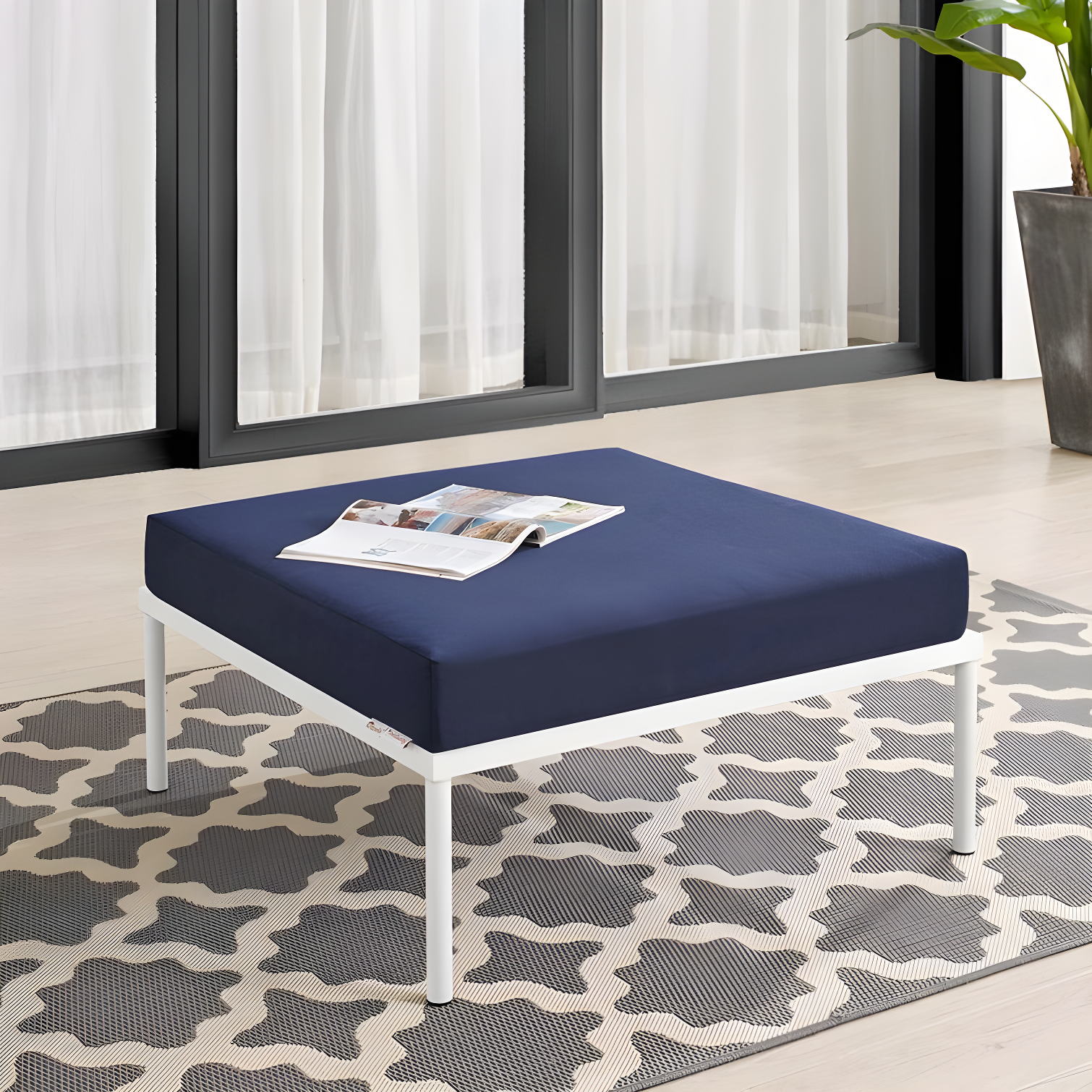 Harmony Square Navy Sunbrella Outdoor Ottoman with Aluminum Base