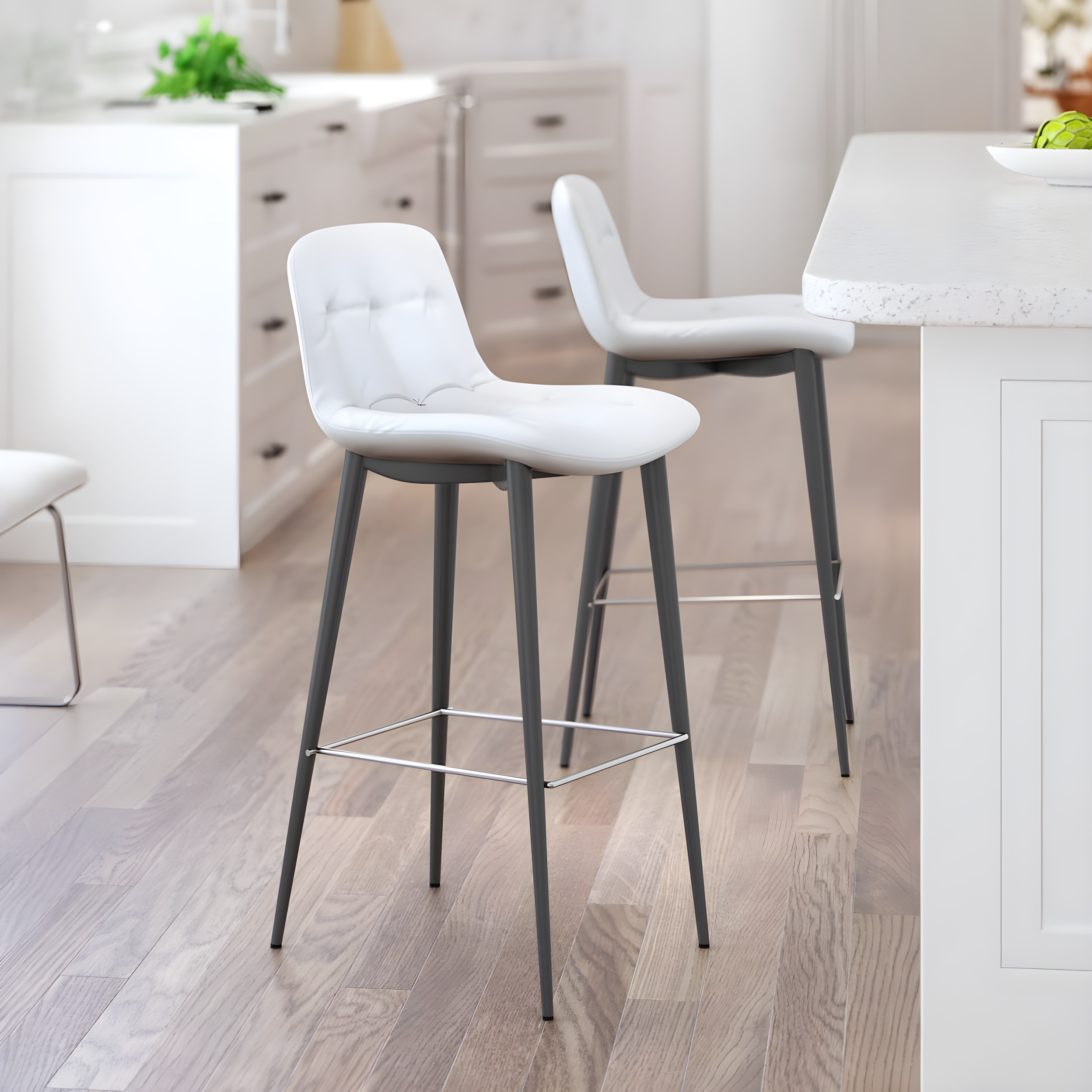 Modern White Tufted Bar Stool with Stainless Steel Legs