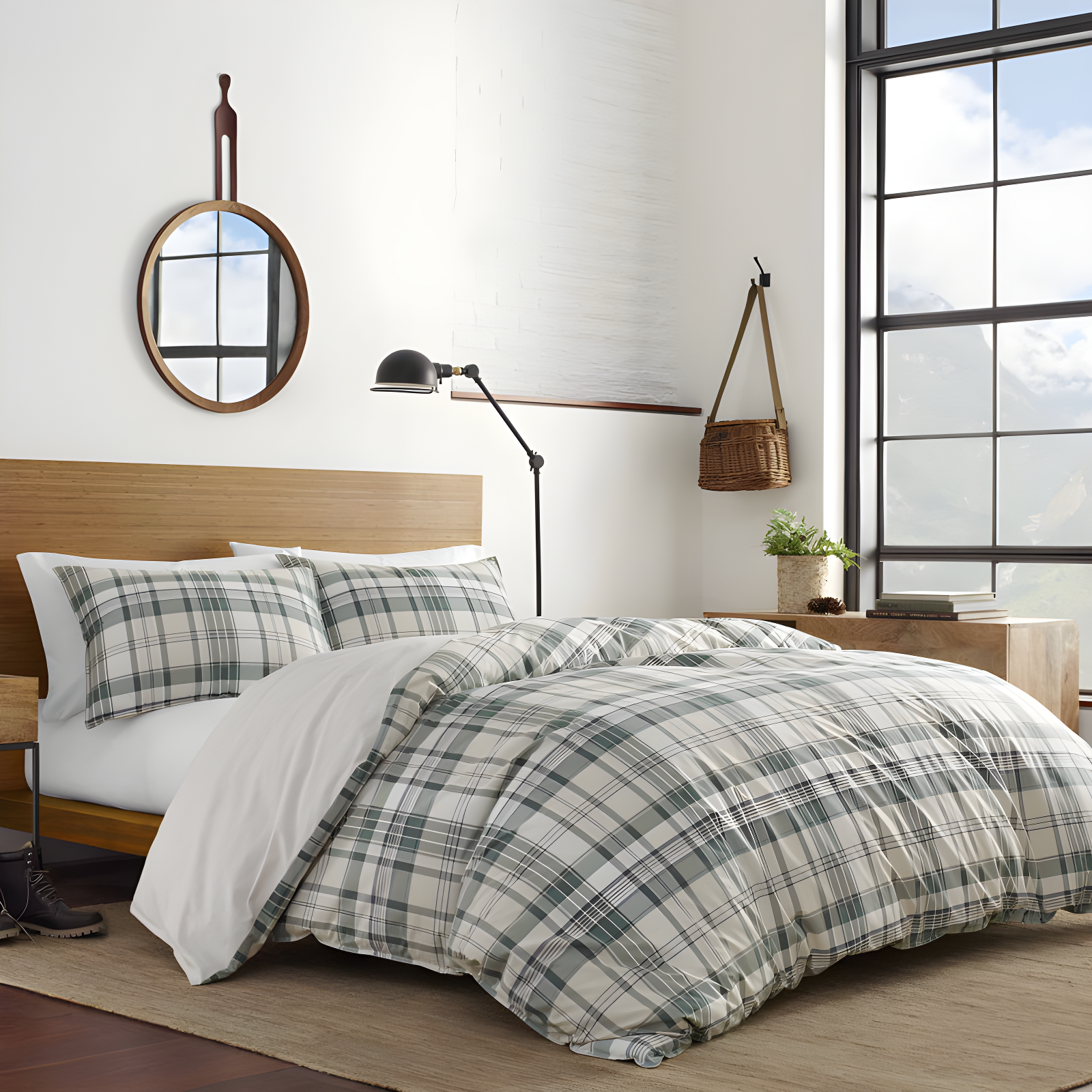 Twin White Cotton Reversible Plaid Bedspread Set