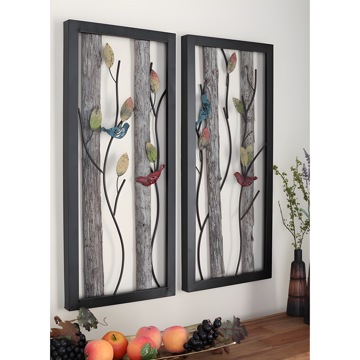 Black Metal Bird Wall Decor with Multicolored Leaves and Wood Detailing, Set of 2