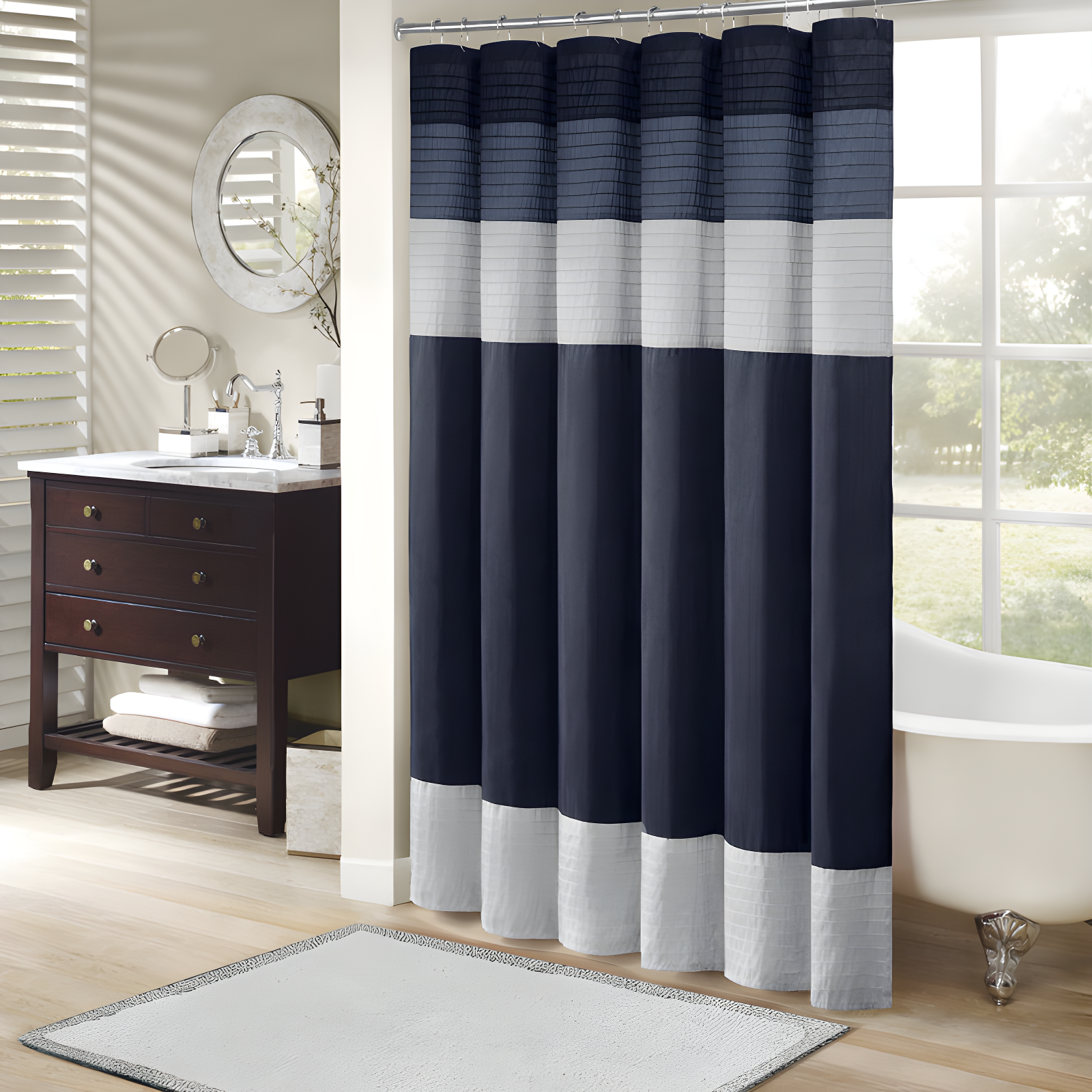 Navy and Gray Faux Silk Striped Shower Curtain