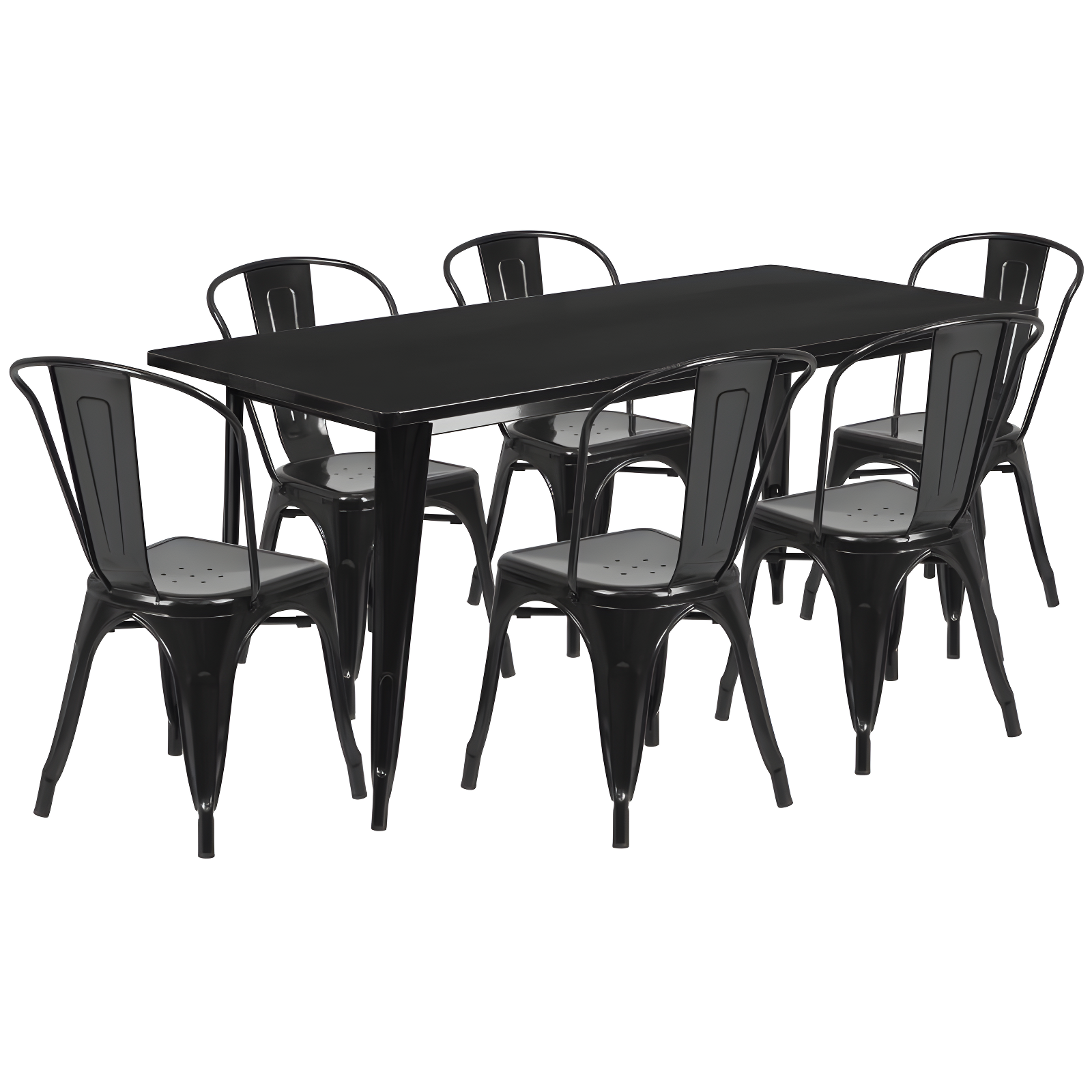 Black Steel Rectangular Dining Table Set with 6 Stackable Chairs