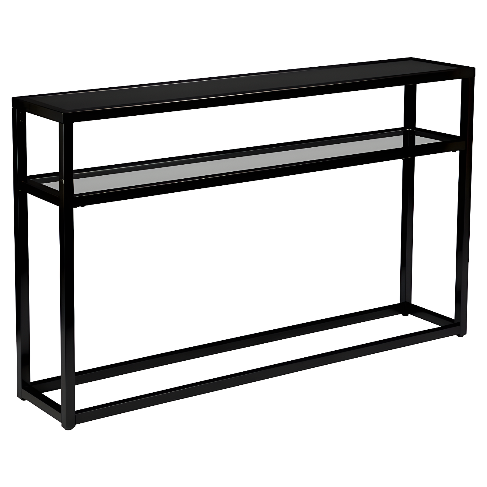 Sleek Matte Black Metal & Glass Console Table with Storage Shelf