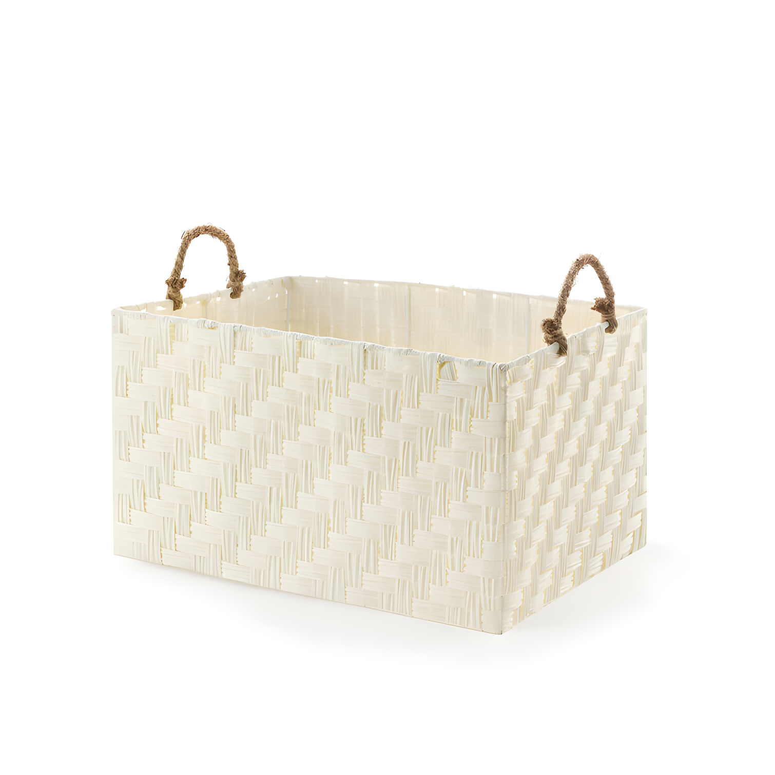 Off-White Faux Wicker Storage Basket with Rope Handles