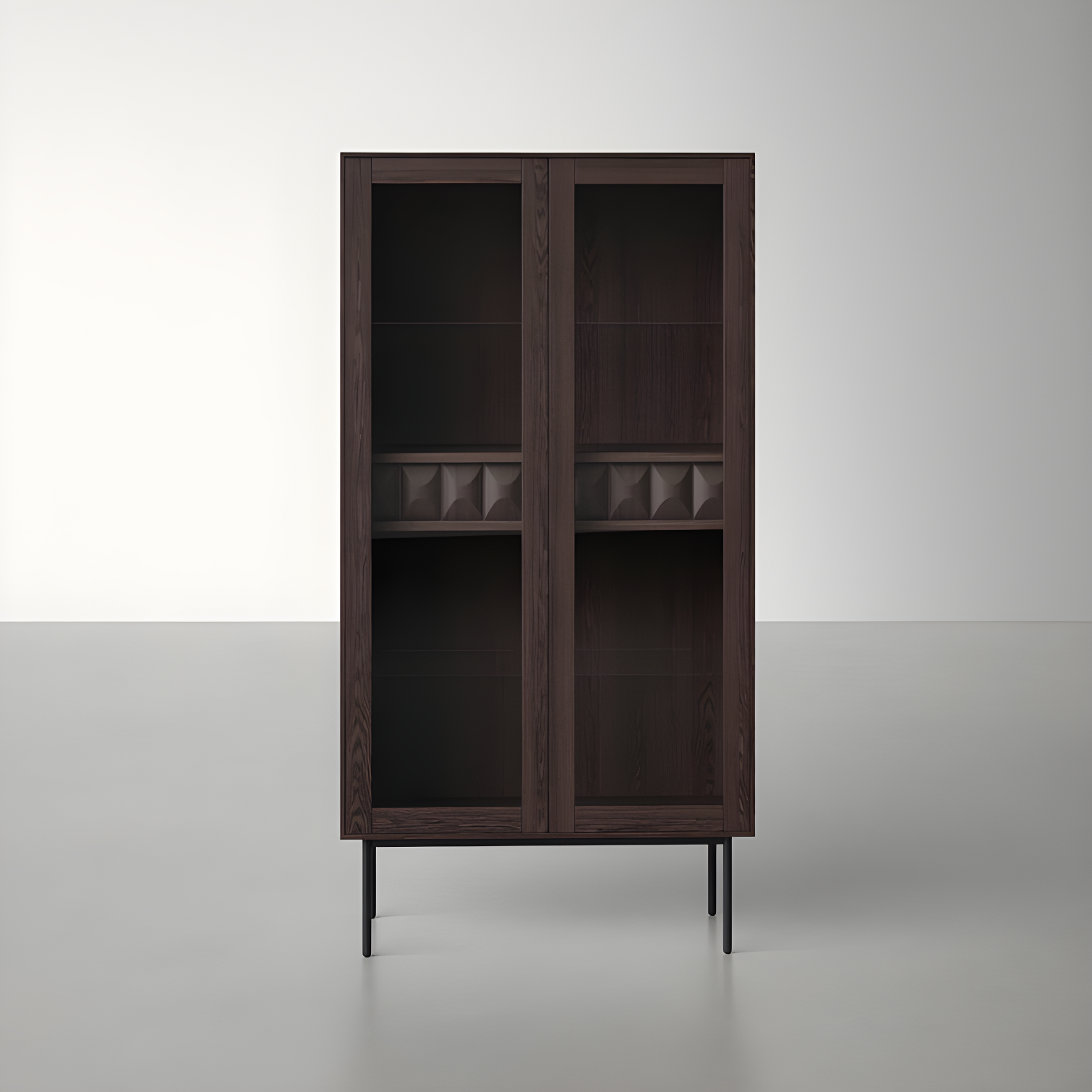 Dark Brown Oak Veneer China Cabinet with Geometric Panelling