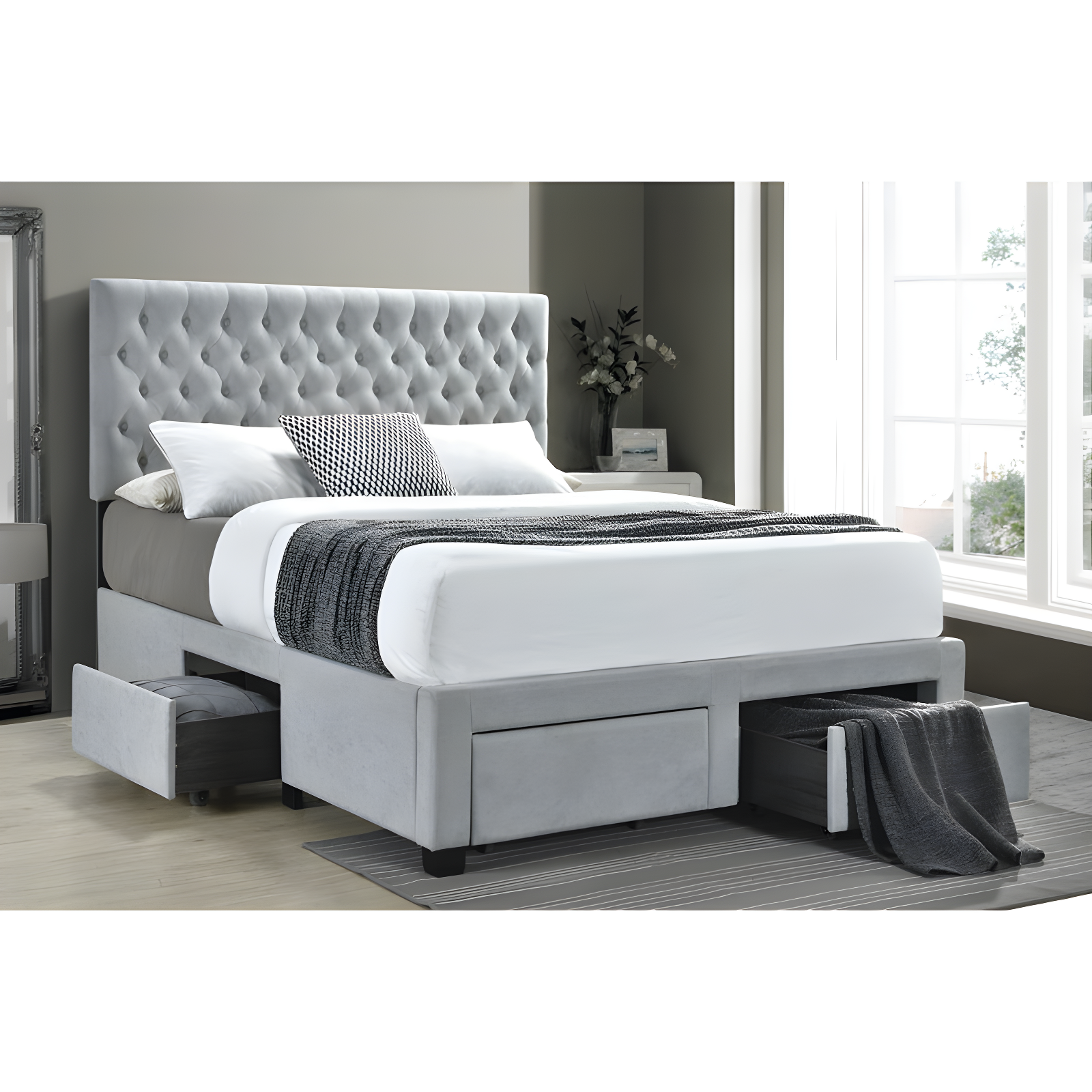 Gray King Upholstered Storage Bed with Tufted Headboard