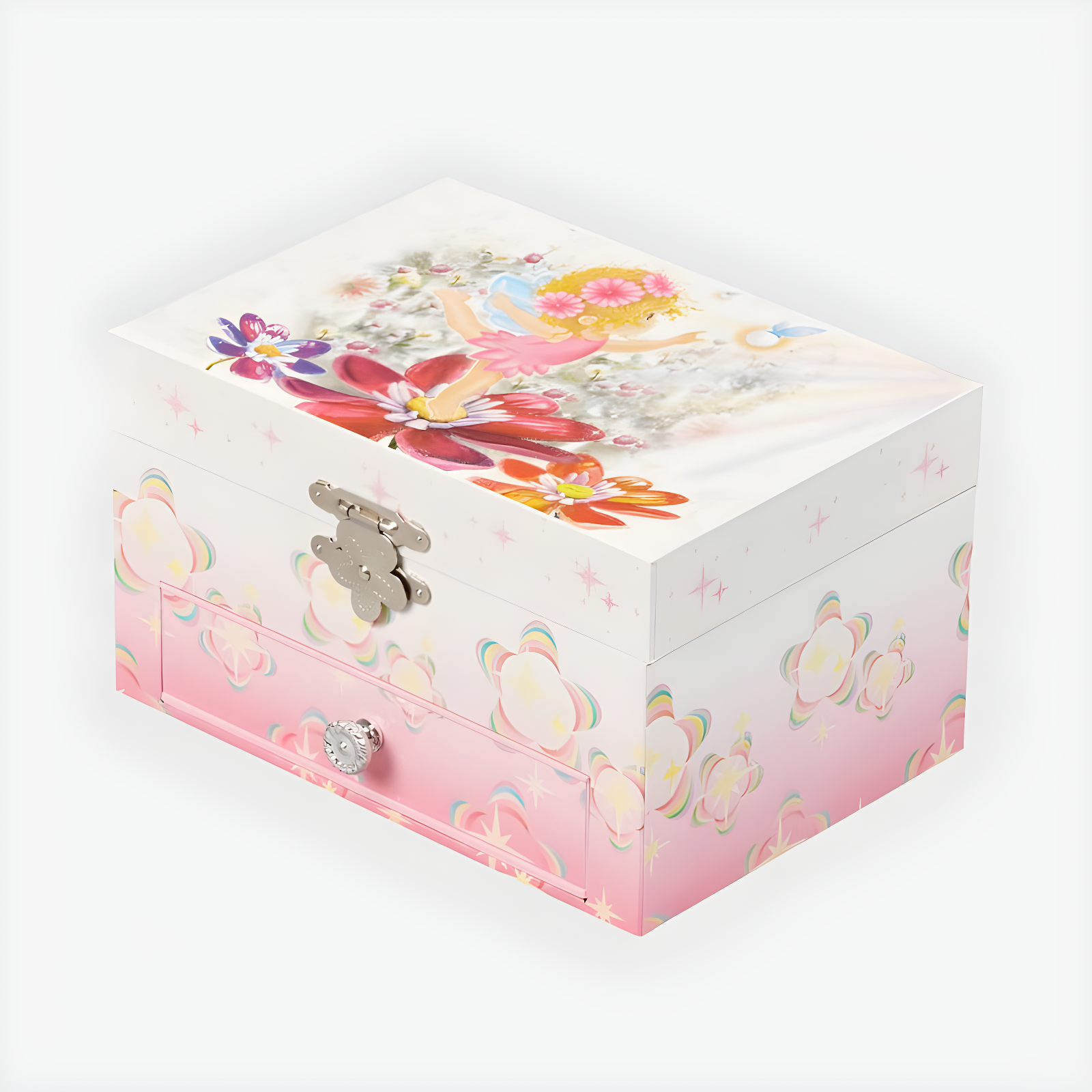 Pink Fairy and Flowers Musical Jewelry Box with Suede Lining