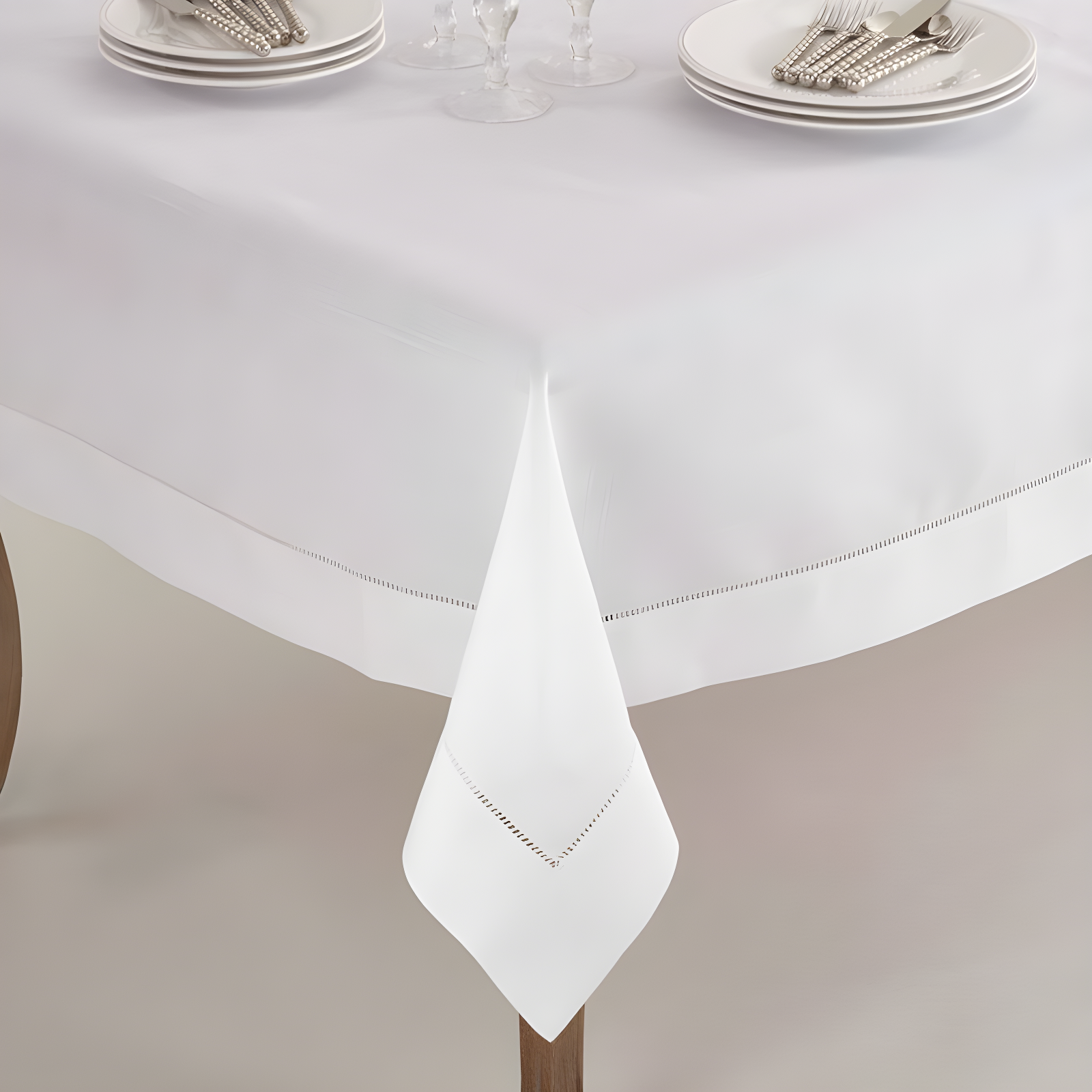 60"x60" White Hemstitch Border Square Polyester Tablecloth