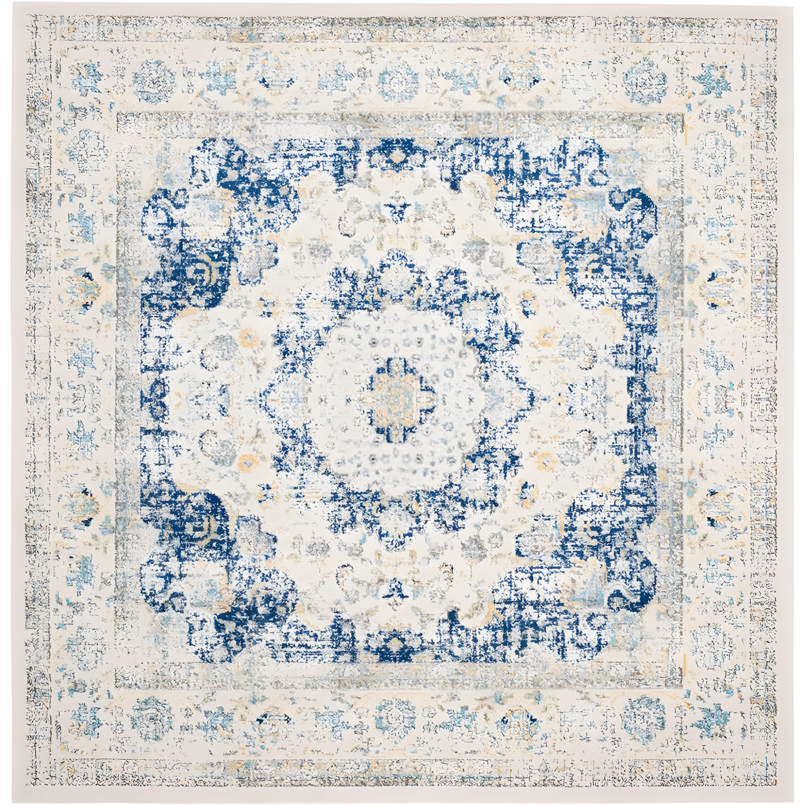 Ivory and Blue Square Hand-knotted Synthetic Area Rug