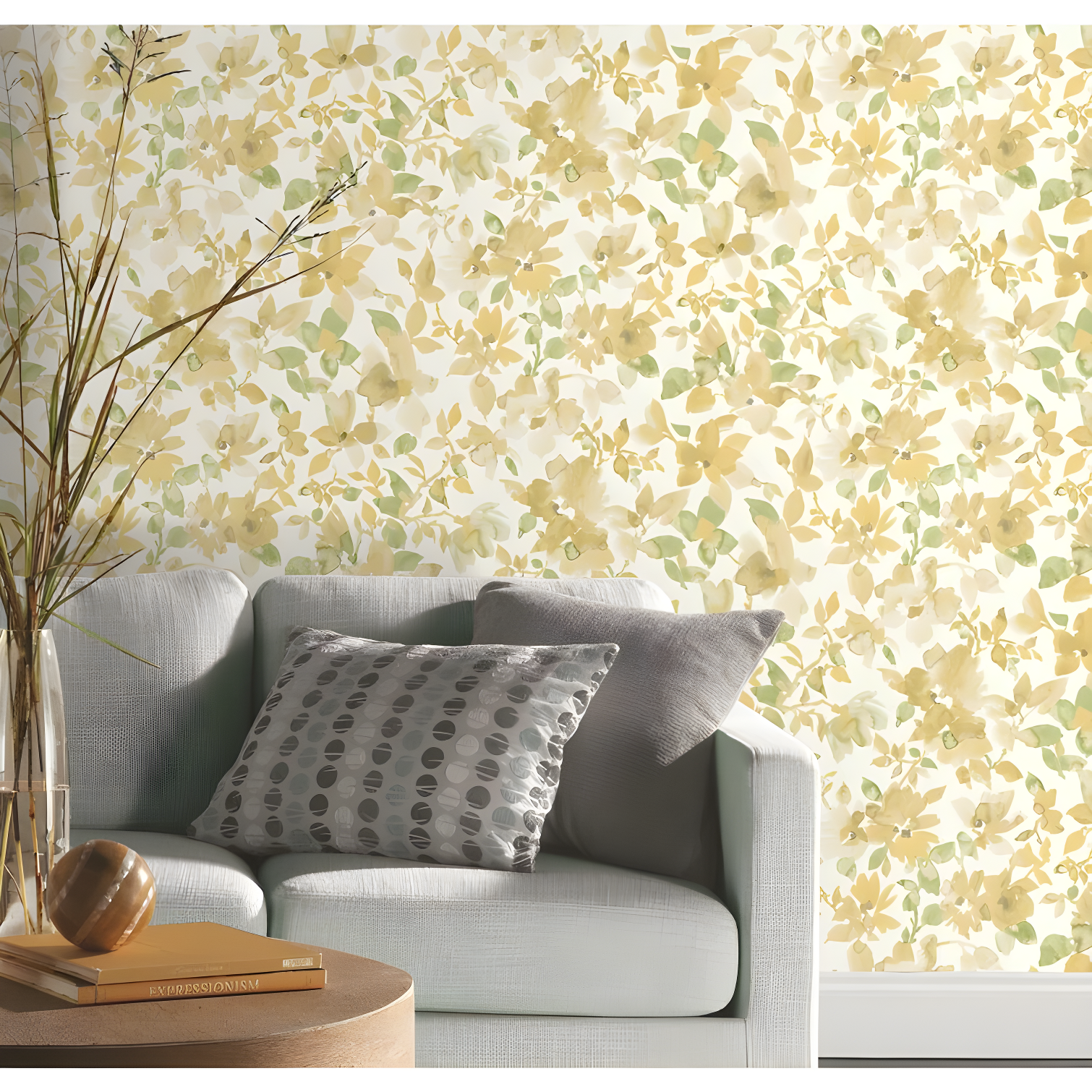 Yellow and Green Watercolor Floral Peel and Stick Wallpaper Roll