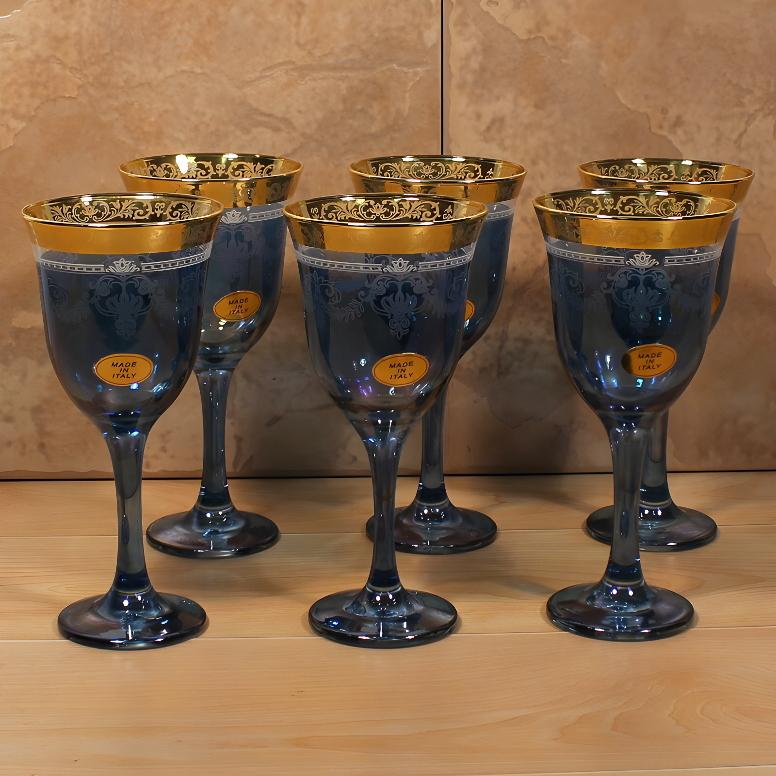 Italian Blue and Gold Floral Crystal Goblet Set, 9oz, Set of 6