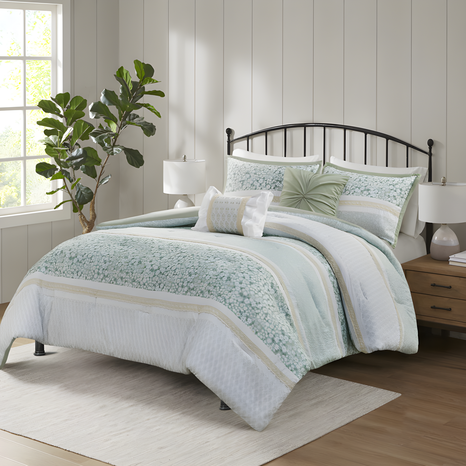 King Green Floral Seersucker Microfiber Comforter Set