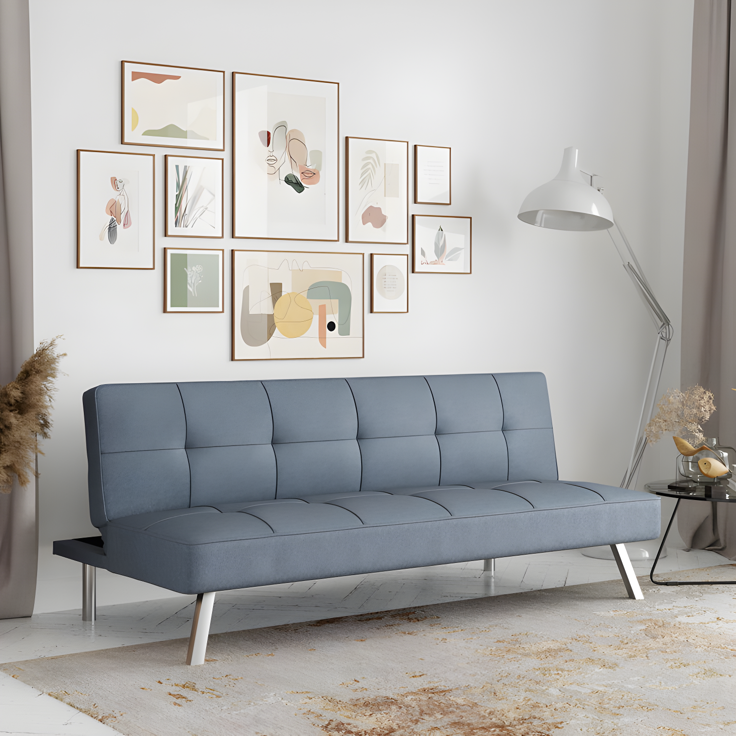 Gray Twin Fabric Tufted Reclining Sleeper Sofa with Wood Frame