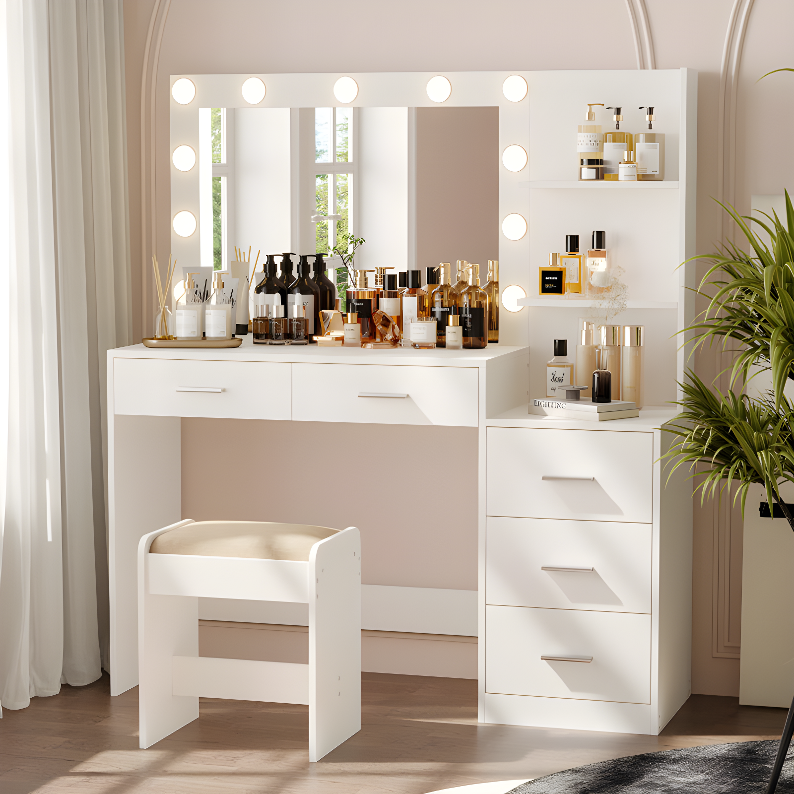 White 46.7" Vanity Table with Lighted Mirror and Storage Shelves