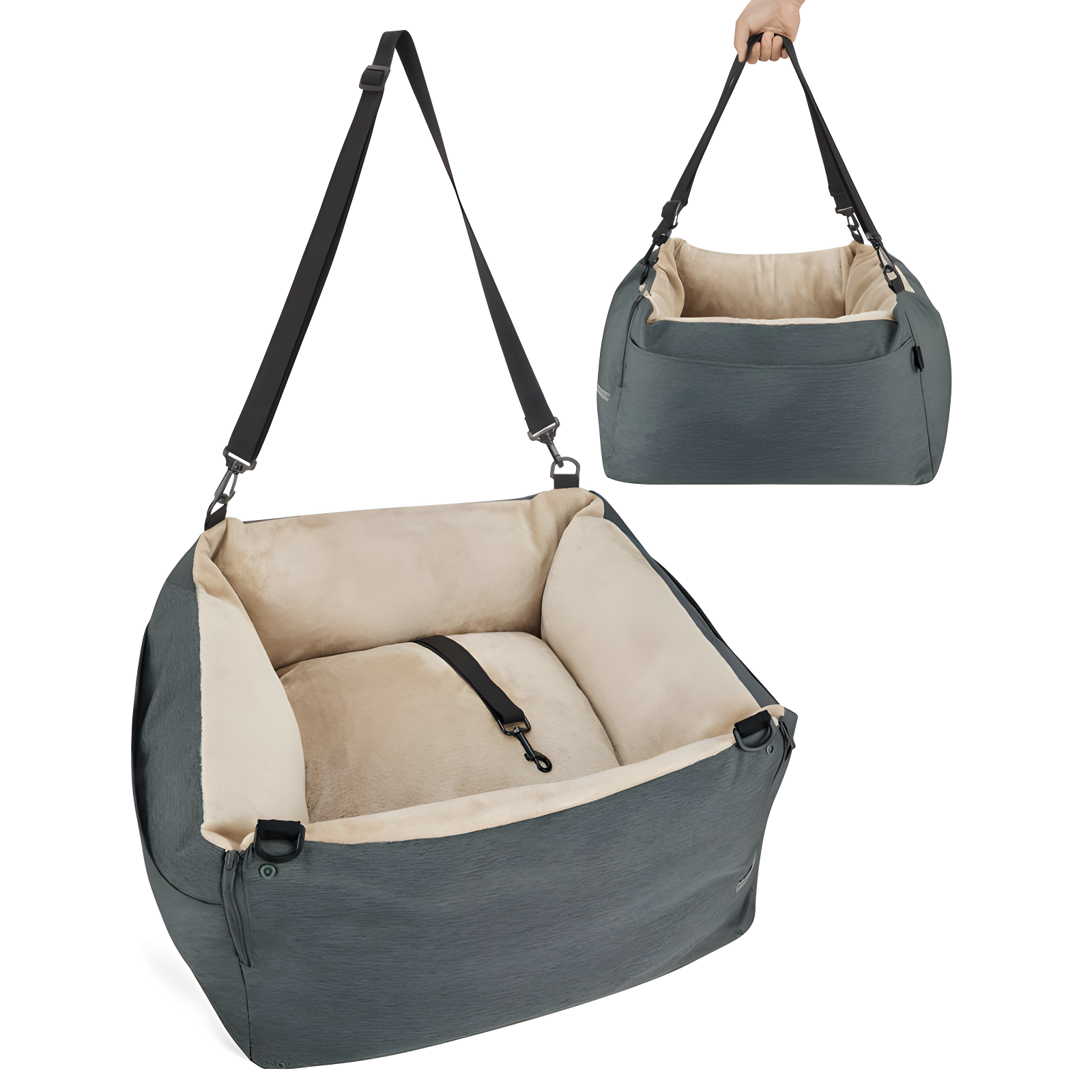 Gray Small Dog Car Seat with Adjustable Straps and Storage Pockets