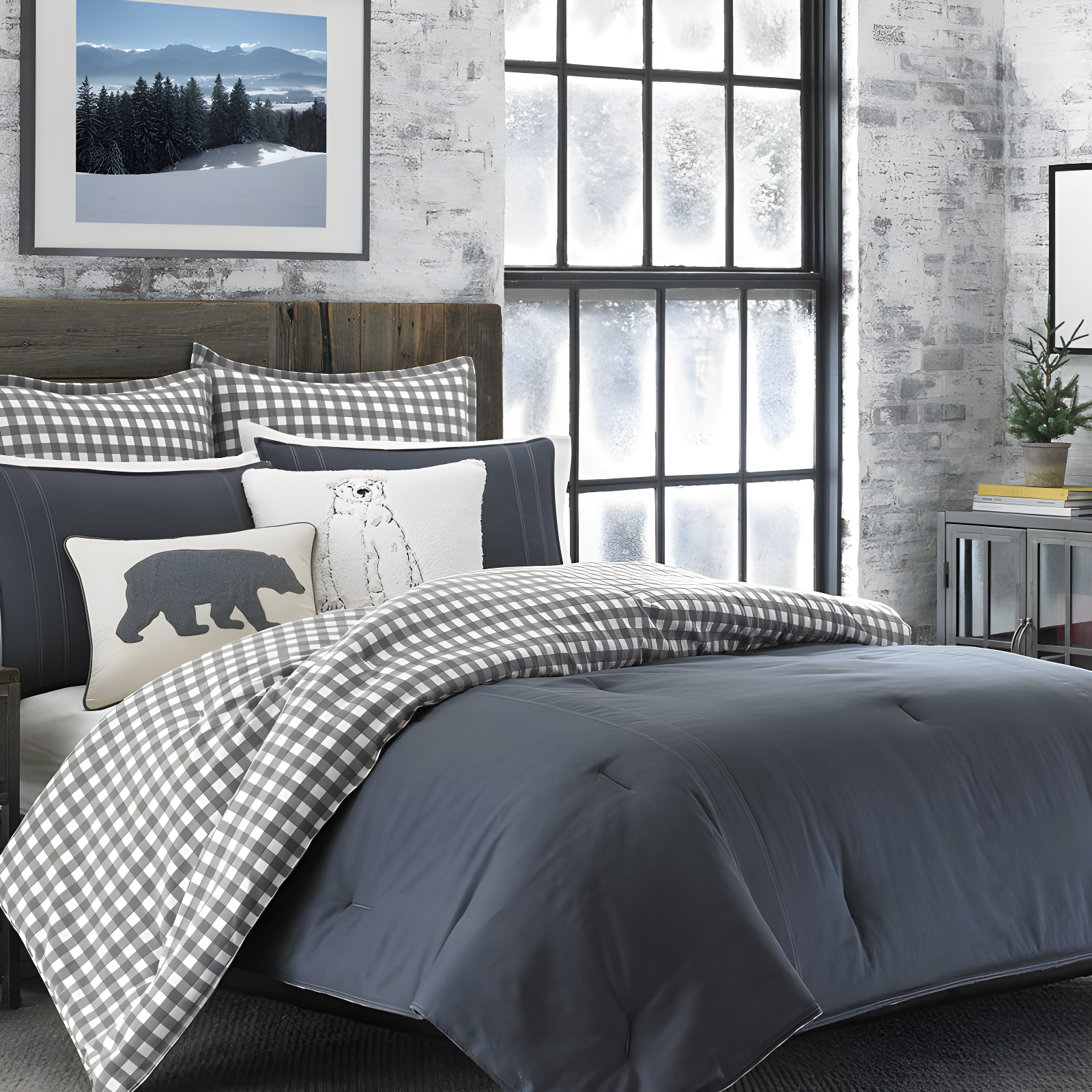 Gray Twin Cotton Reversible Comforter Set with Plaid Pattern