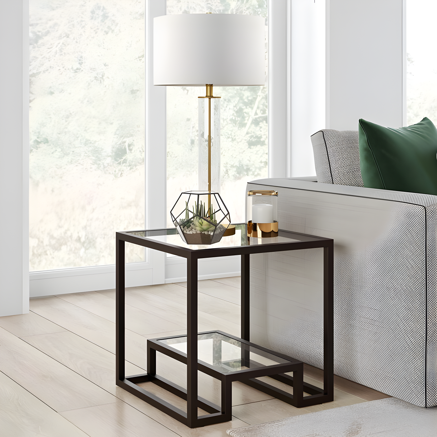 Athena 22'' Square Blackened Bronze Side Table with Glass Shelf