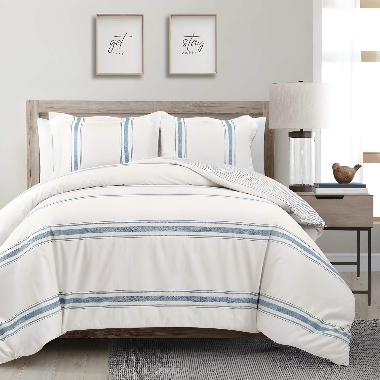 California King Blue Cotton Reversible Comforter Set