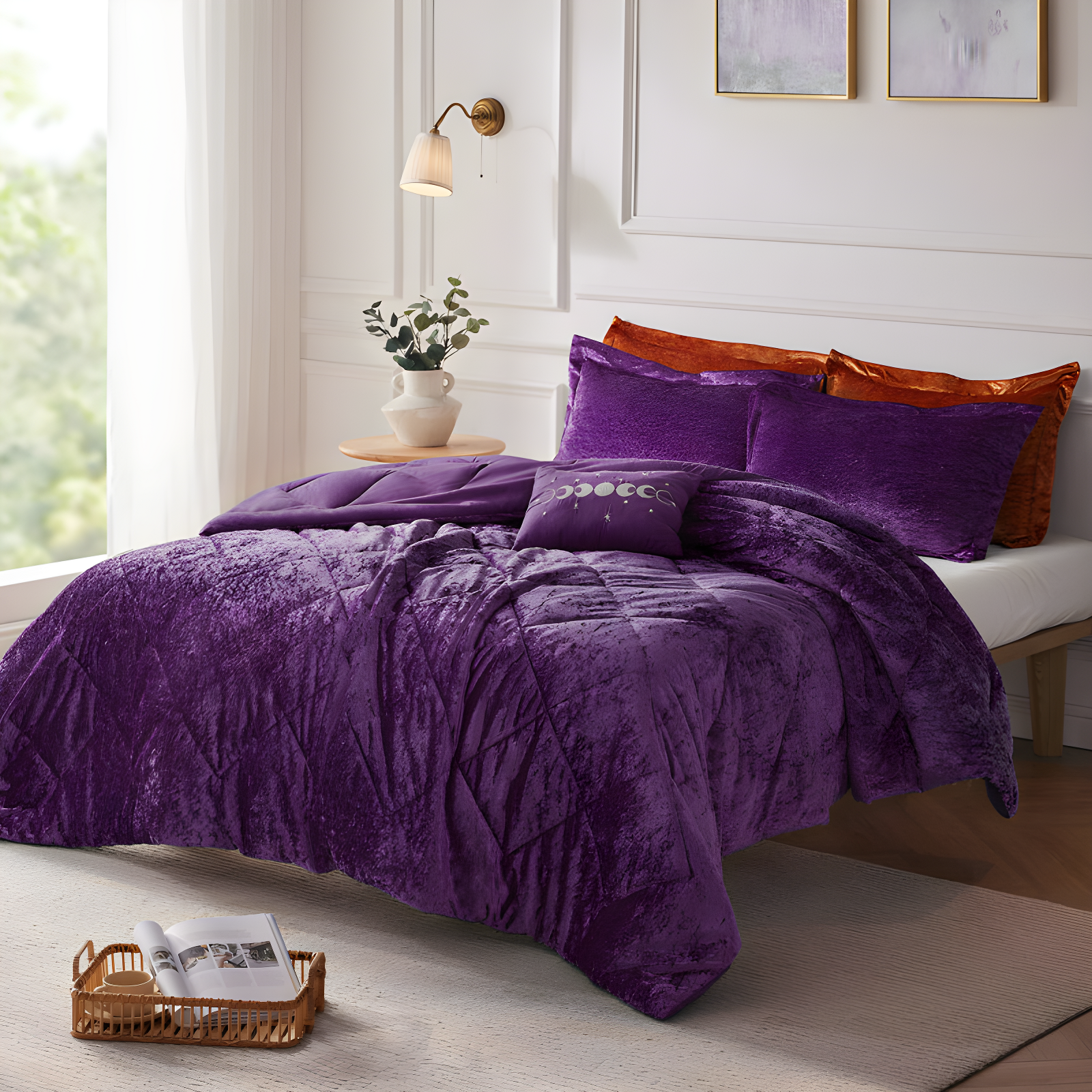 Luxurious Full/Queen Purple Velvet Quilted Comforter Set with Decorative Pillow