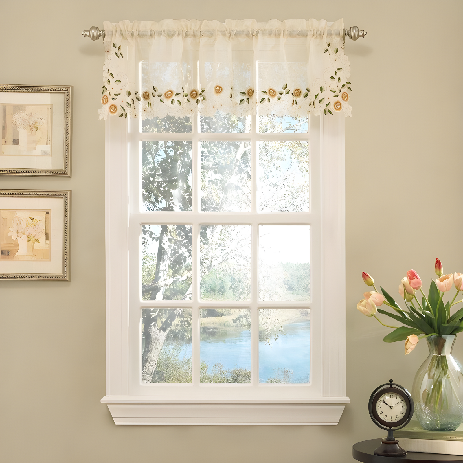 Cream Floral Embroidered Semi-Sheer Kitchen Window Valance