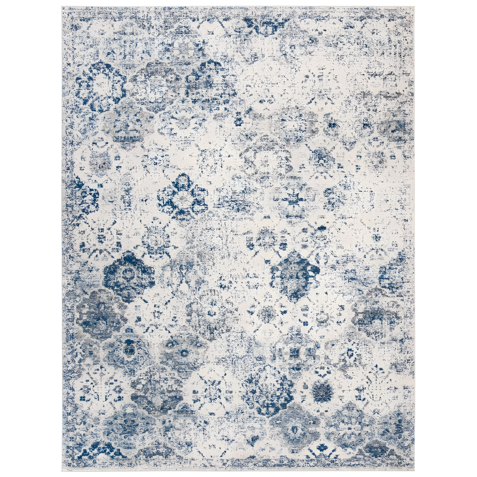 Blue and White Distressed Floral Medallion 8' x 10' Area Rug