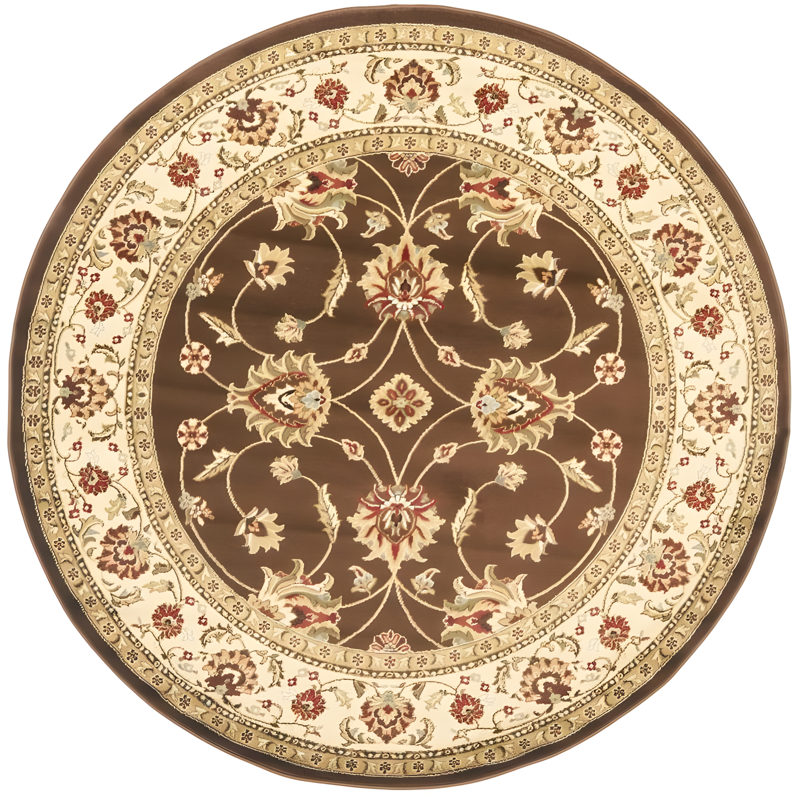 Brown and Ivory Round Safavid Style Synthetic Area Rug