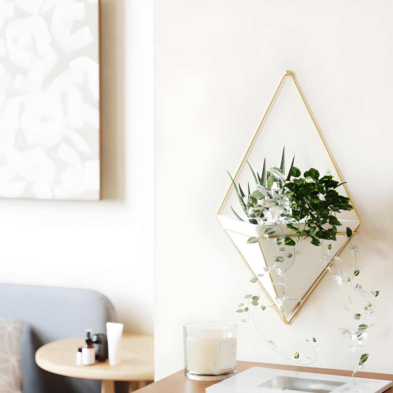 White and Brass Geometric Wall Planter Decor